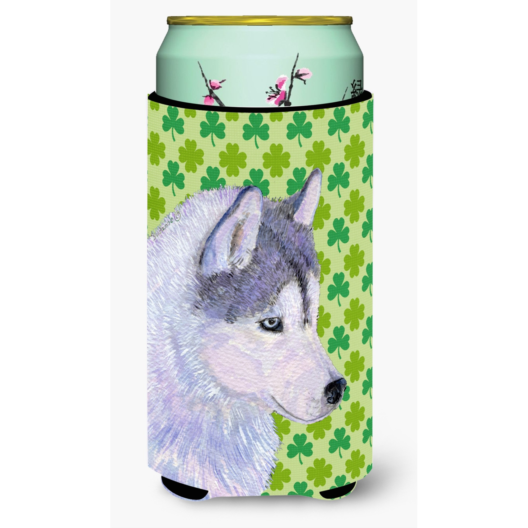 Siberian Husky St. Patricks Day Shamrock Portrait  Tall Boy Beverage Insulator Beverage Insulator Hugger