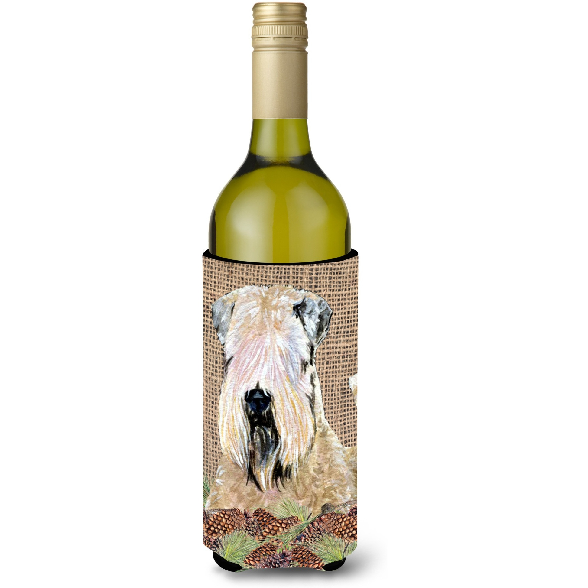 Wheaten Terrier Soft Coated on Faux Burlap Pine Cones Wine Bottle Beverage Insulator Beverage Insulator Hugger