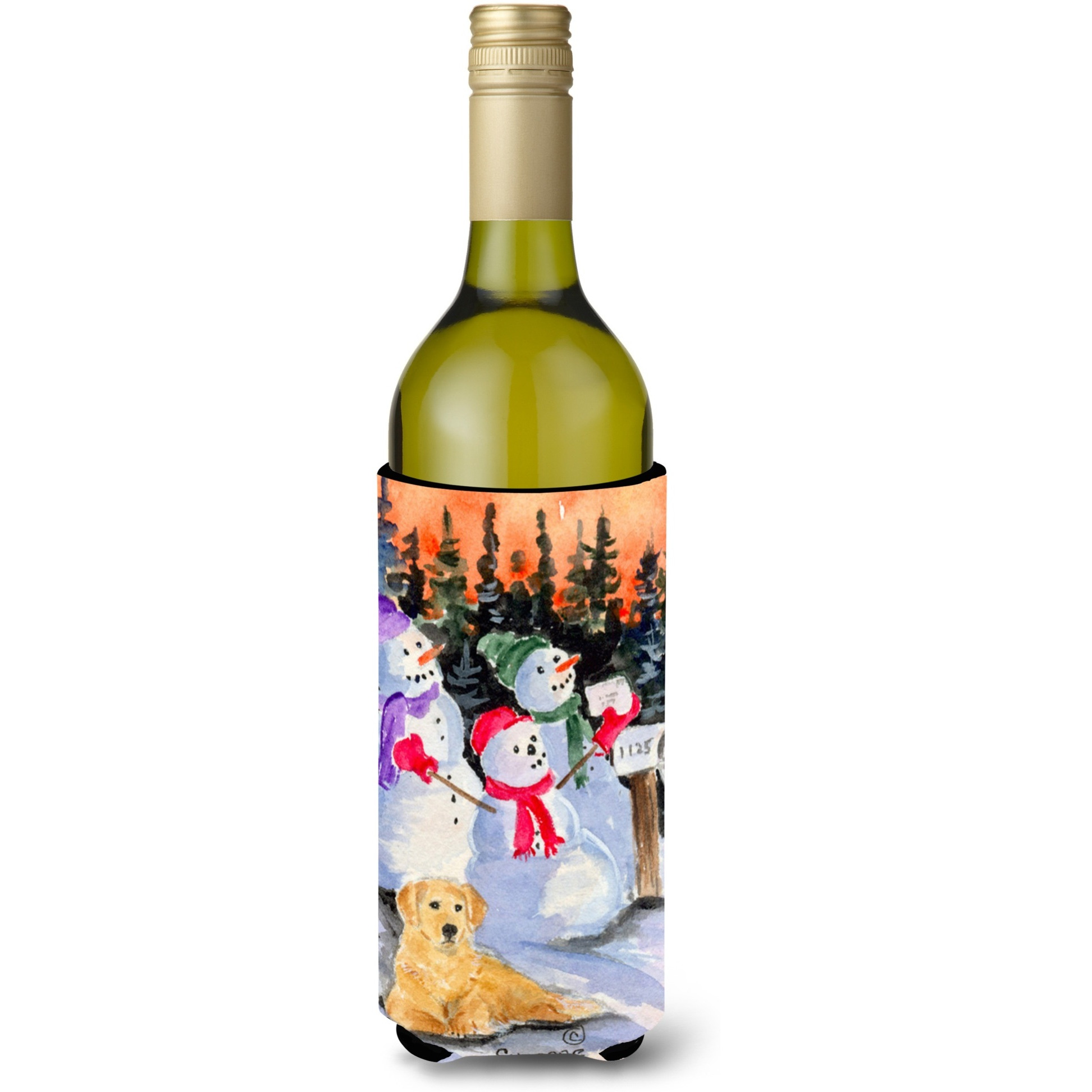 Snowman with Golden Retriever Wine Bottle Beverage Insulator Beverage Insulator Hugger SS8989LITERK