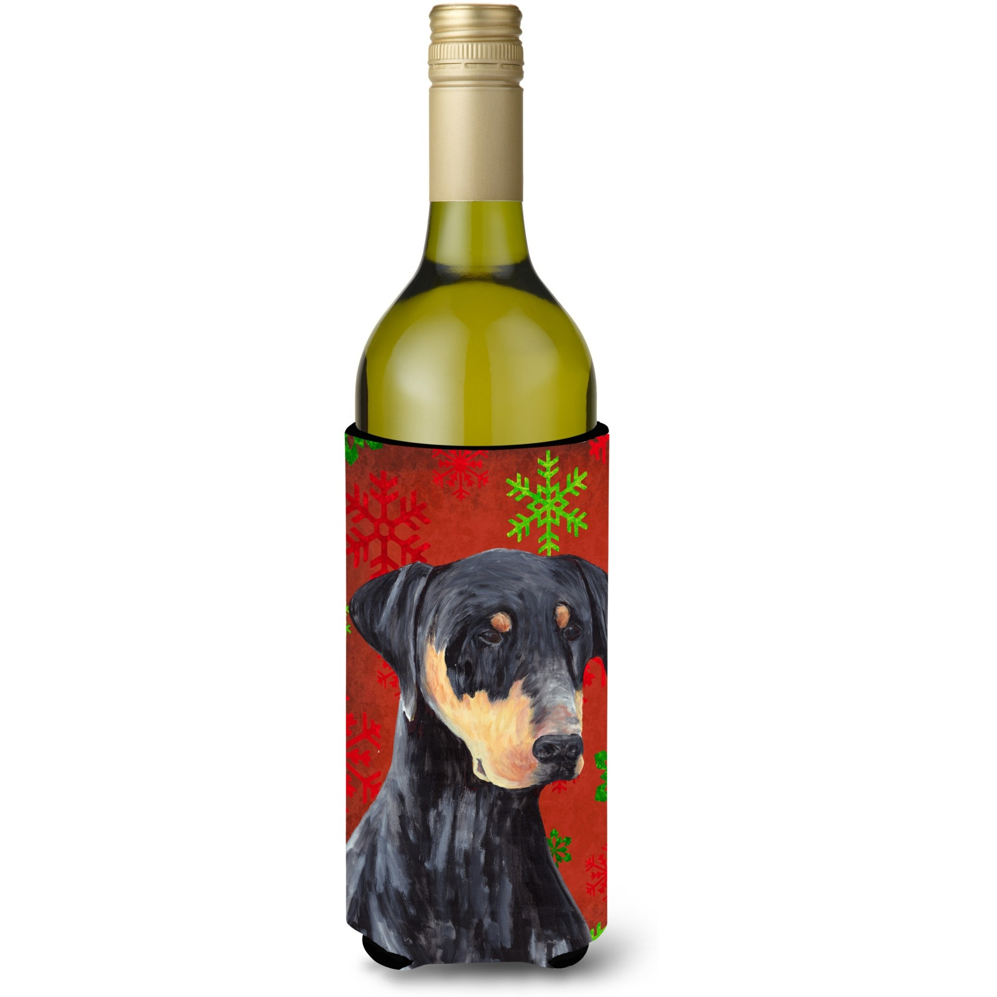 Doberman Red and Green Snowflakes Holiday Christmas Wine Bottle Beverage Insulator Beverage Insulator Hugger