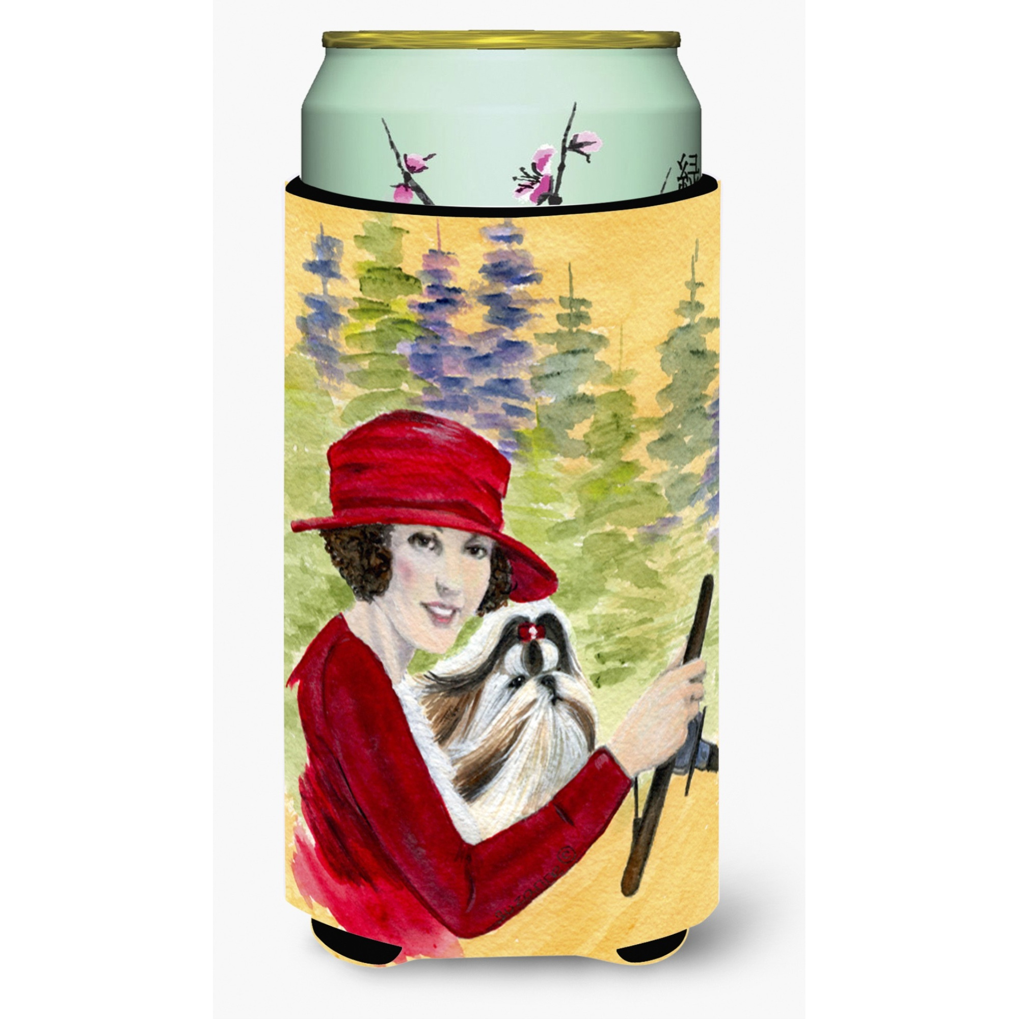 Lady driving with her Shih Tzu  Tall Boy Beverage Insulator Beverage Insulator Hugger