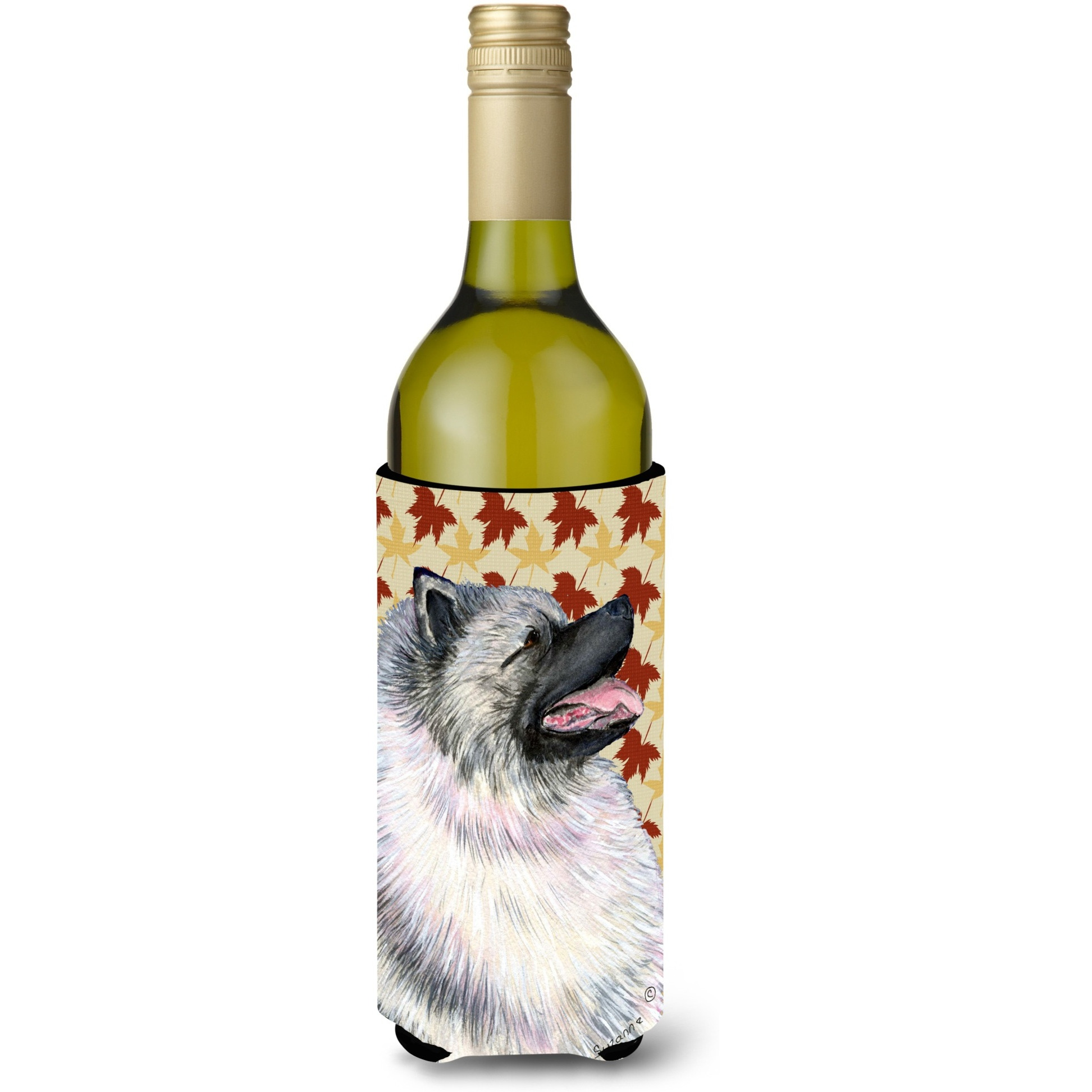 Keeshond Fall Leaves Portrait Wine Bottle Beverage Insulator Beverage Insulator Hugger