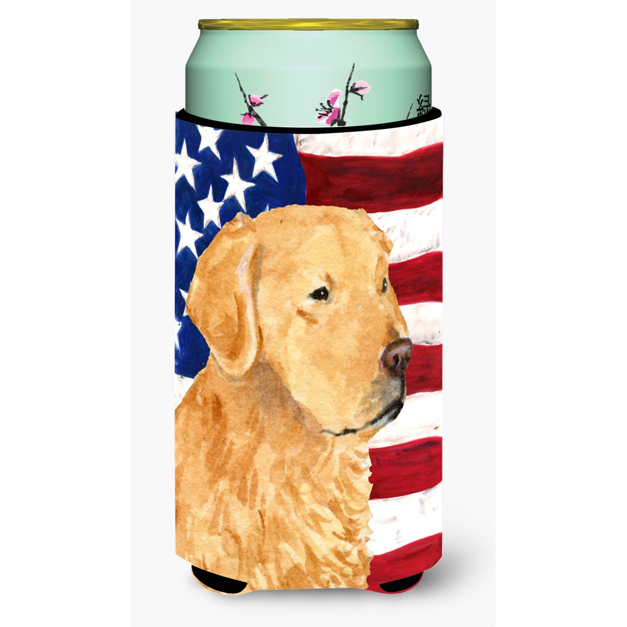 USA American Flag with Golden Retriever  Tall Boy Beverage Insulator Beverage Insulator Hugger