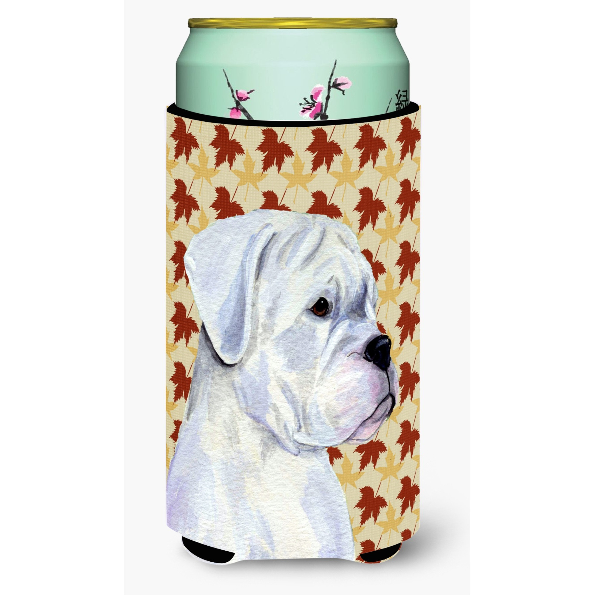 Boxer White Fall Leaves Portrait  Tall Boy Beverage Insulator Beverage Insulator Hugger