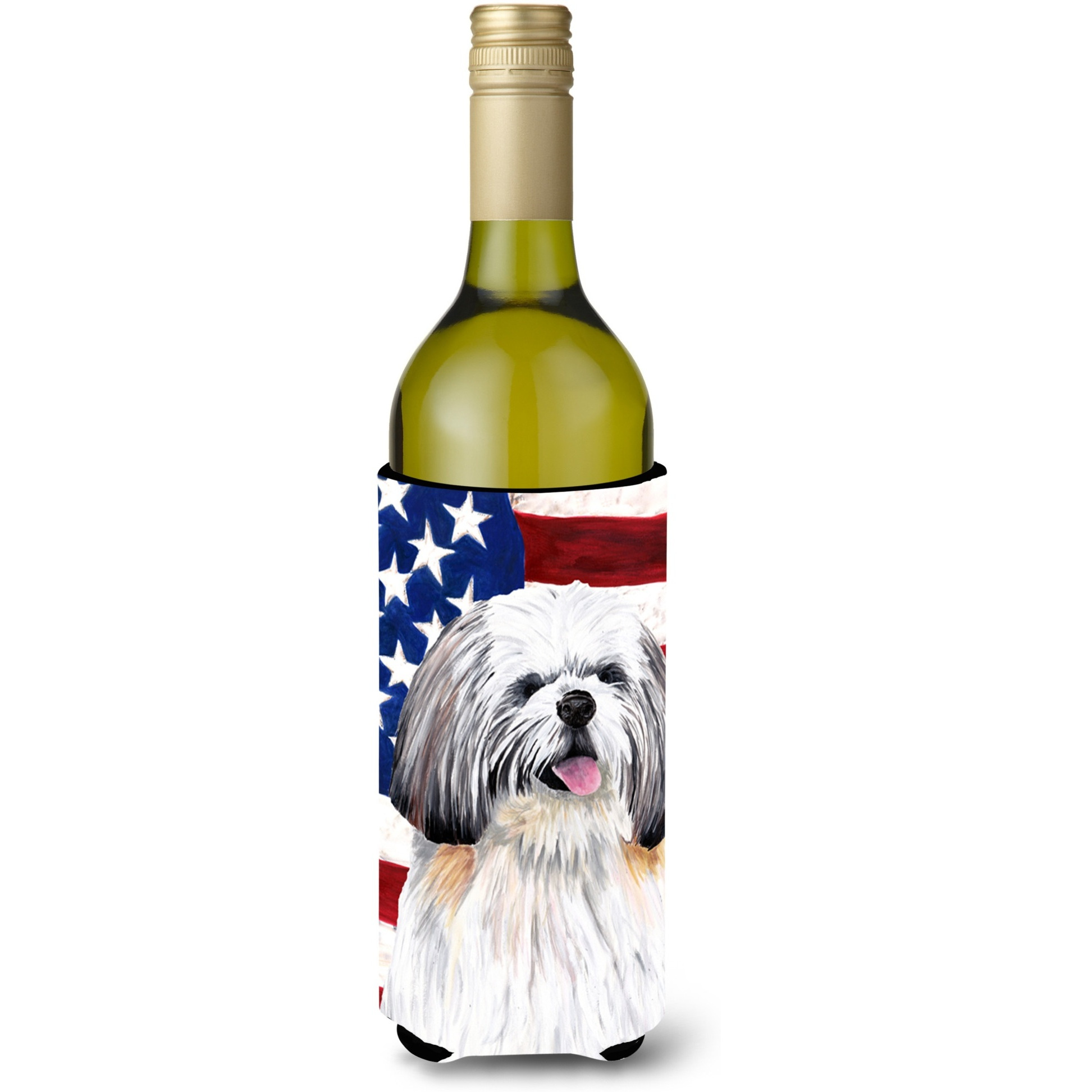 USA American Flag with Shih Tzu Wine Bottle Beverage Insulator Beverage Insulator Hugger SC9028LITERK