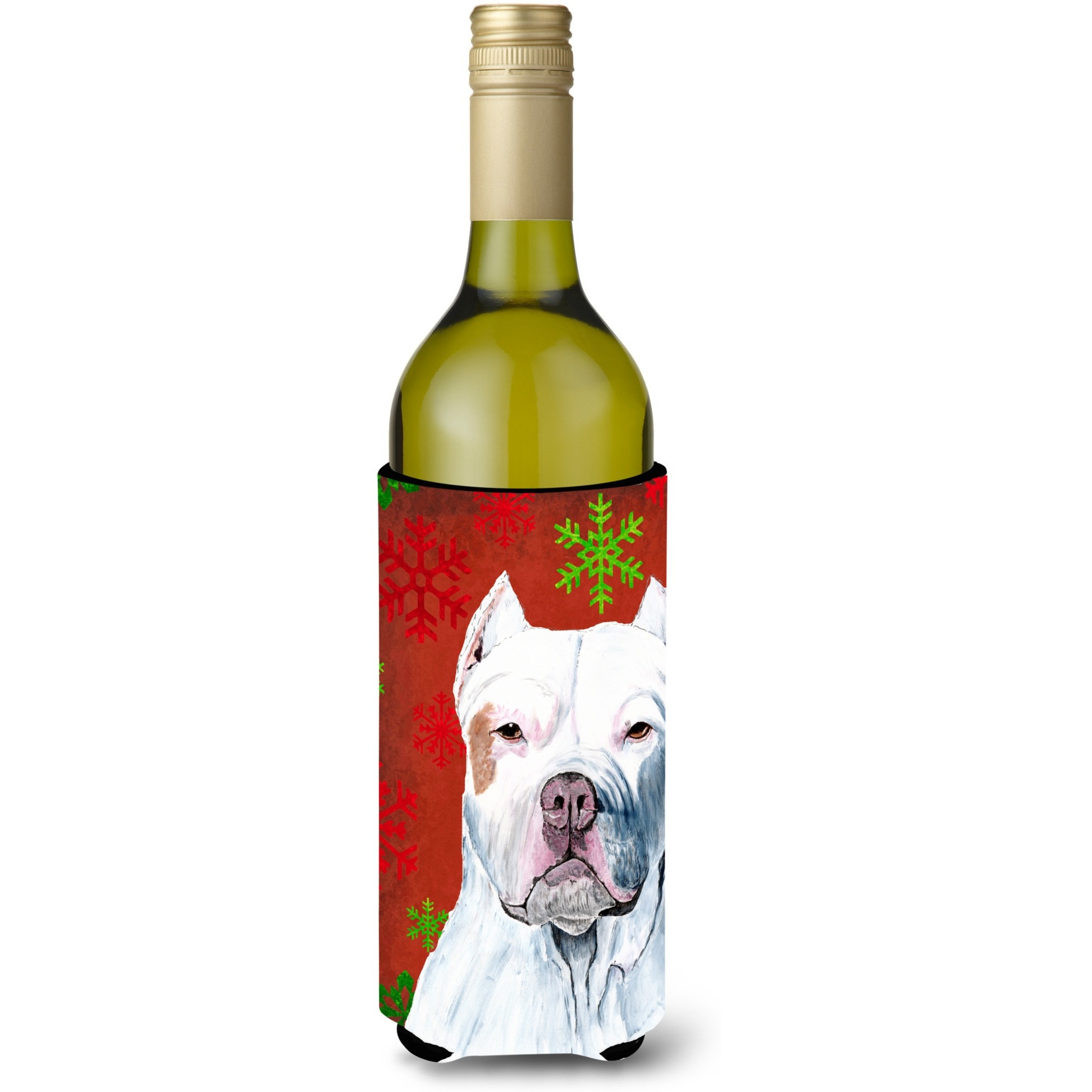 Pit Bull Red and Green Snowflakes Holiday Christmas Wine Bottle Beverage Insulator Beverage Insulator Hugger