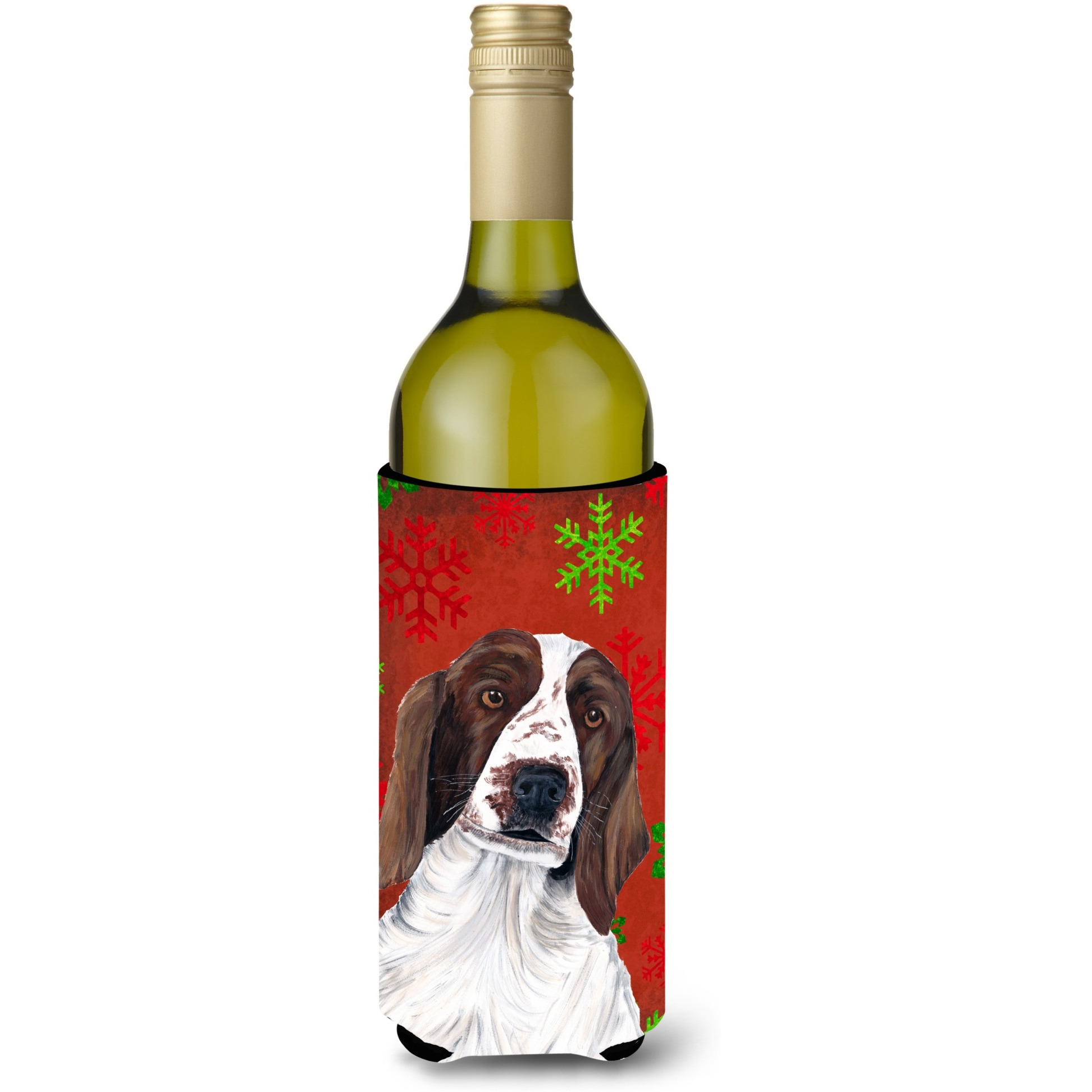 Welsh Springer Spaniel Snowflakes Holiday Christmas Wine Bottle Beverage Insulator Beverage Insulator Hugger