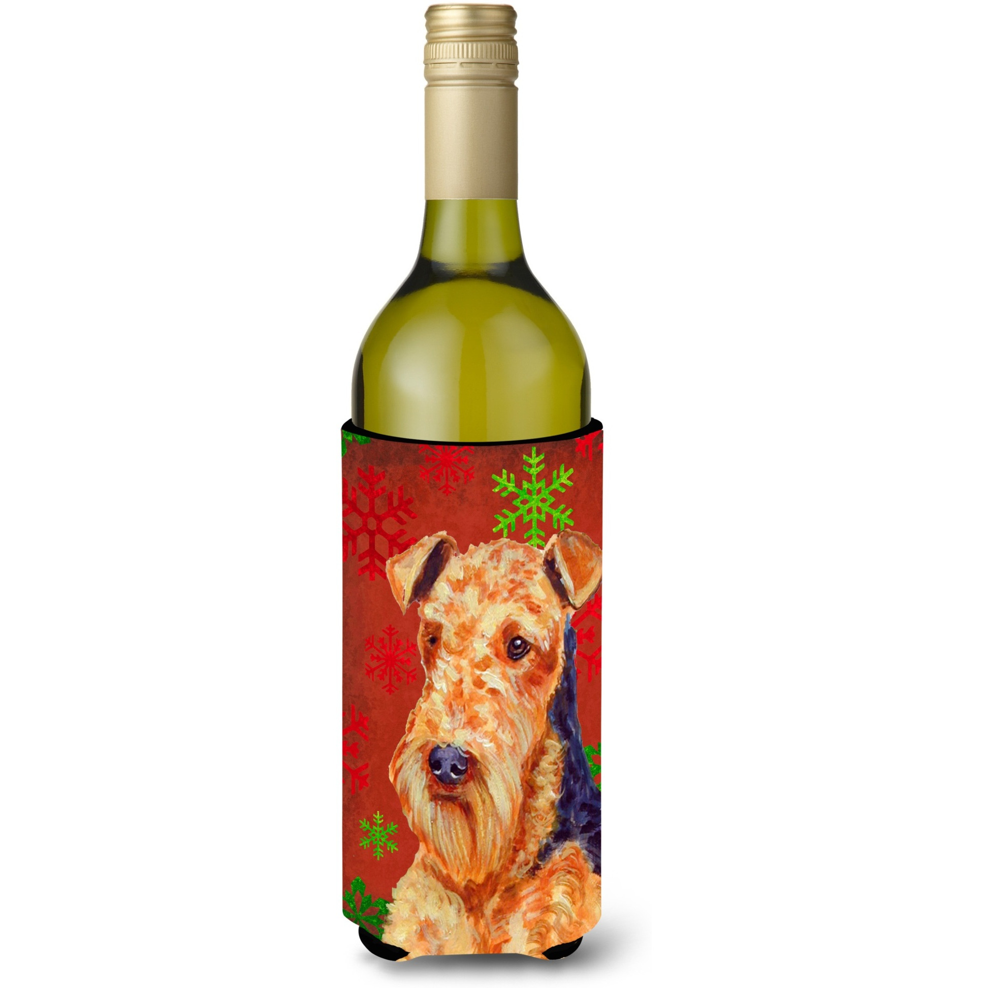 Airedale Red and Green Snowflakes Holiday Christmas Wine Bottle Beverage Insulator Beverage Insulator Hugger