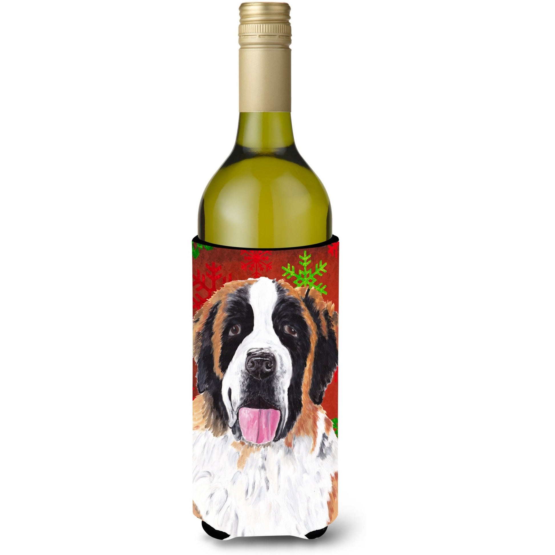 Saint Bernard Red Green Snowflake Christmas Wine Bottle Beverage Insulator Beverage Insulator Hugger
