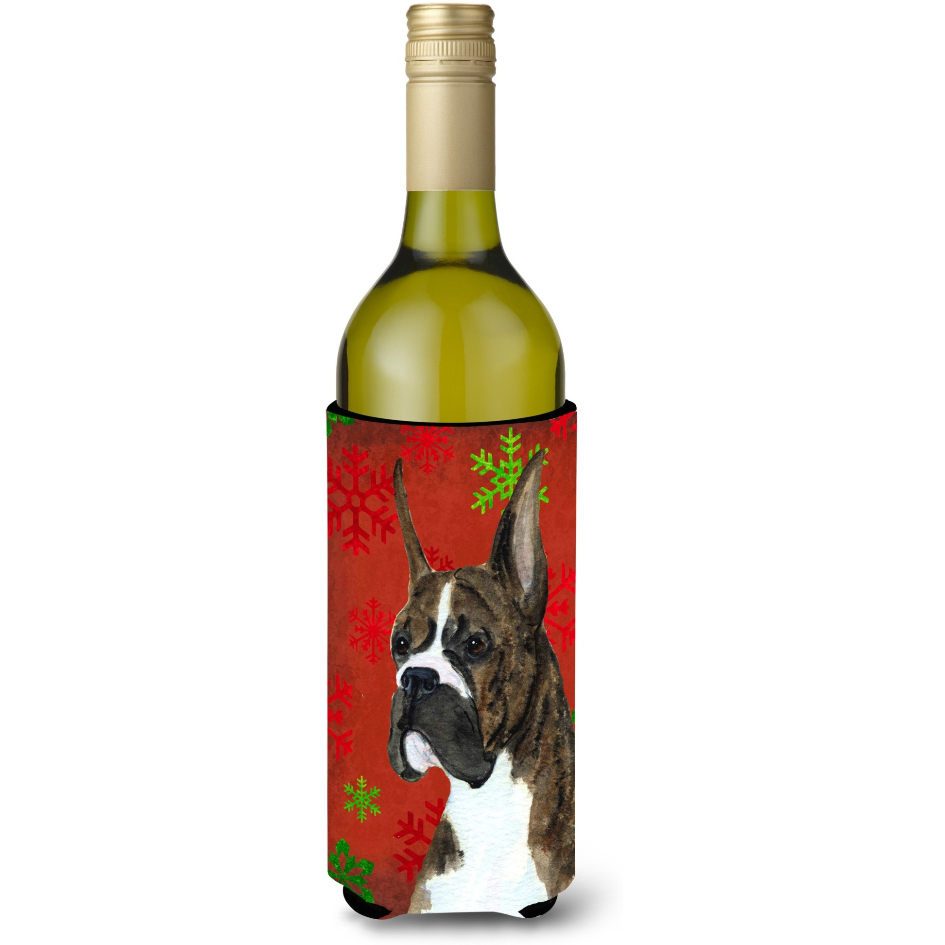 Boxer Red and Green Snowflakes Holiday Christmas Wine Bottle Beverage Insulator