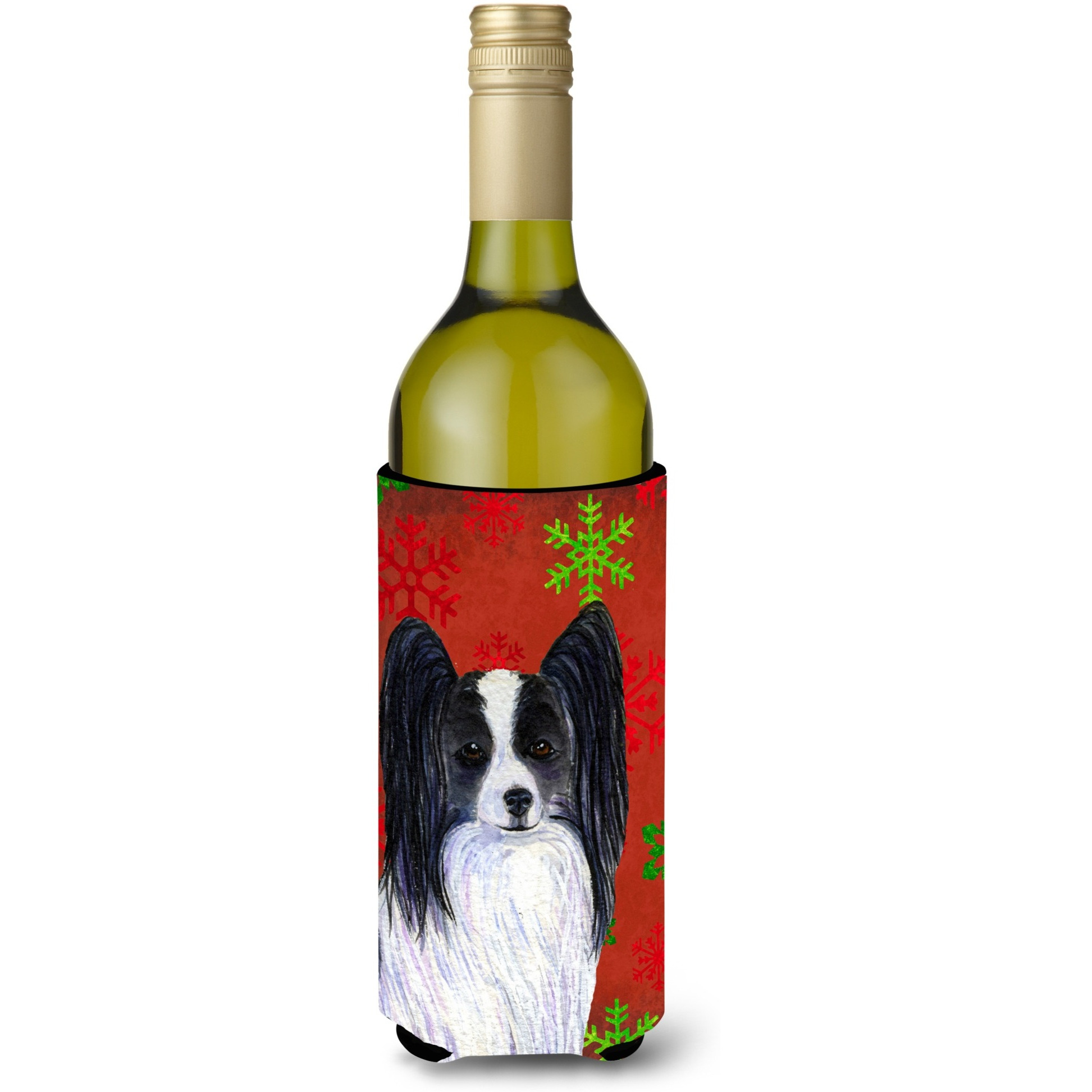 Papillon Red and Green Snowflakes Holiday Christmas Wine Bottle Beverage Insulator