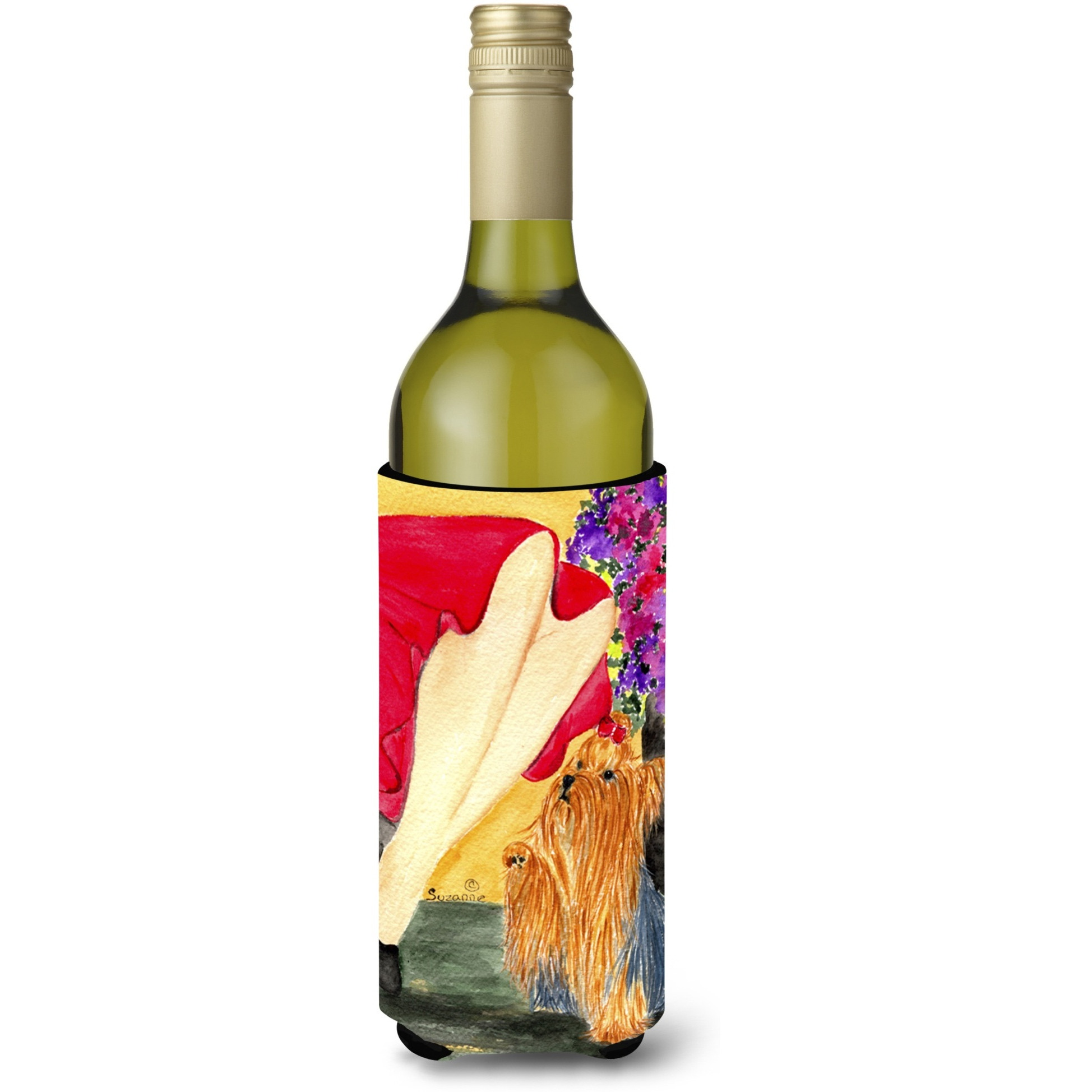 Lady with her Yorkie Wine Bottle Beverage Insulator Beverage Insulator Hugger