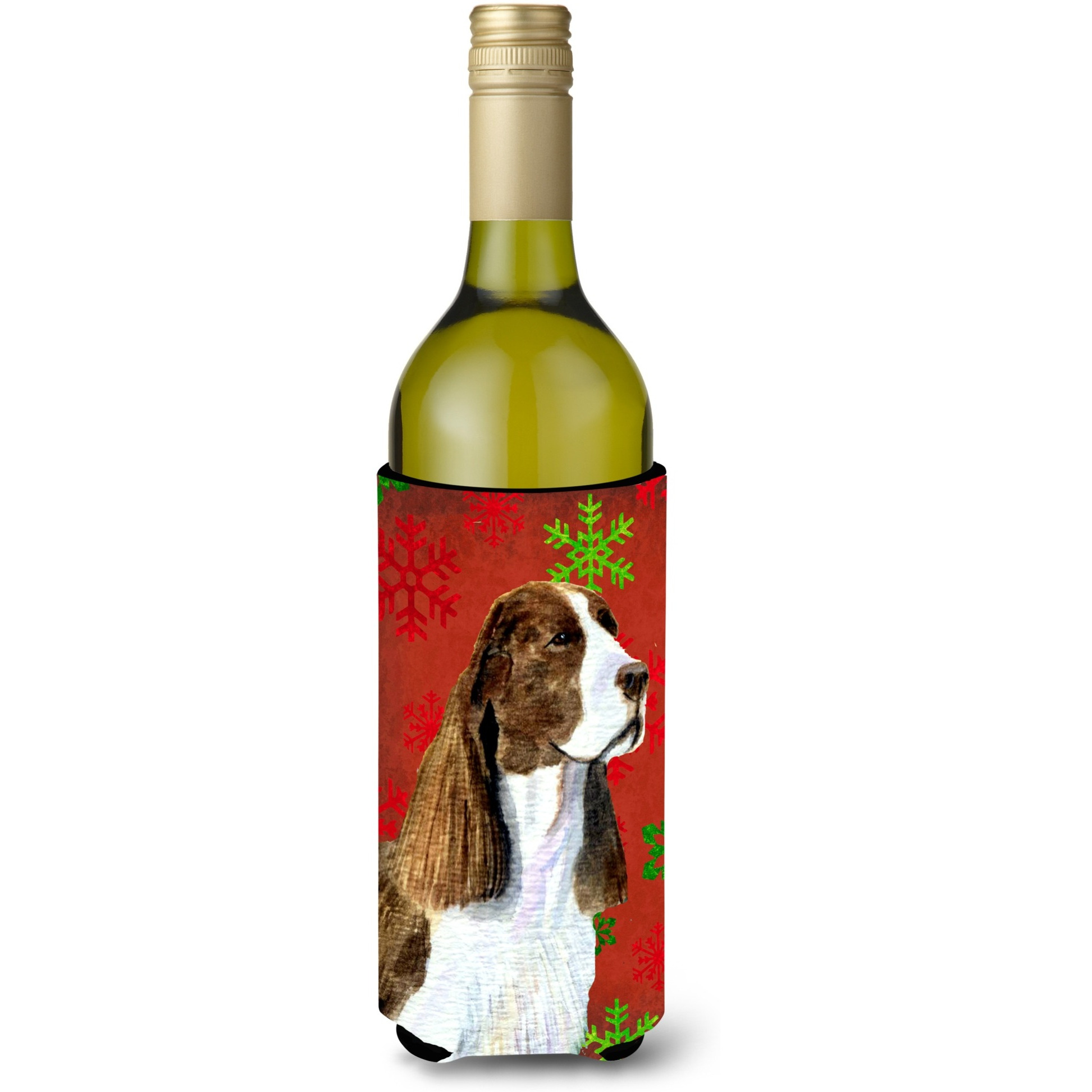 Springer Spaniel Red and Green Snowflakes Holiday Christmas Wine Bottle Beverage Insulator