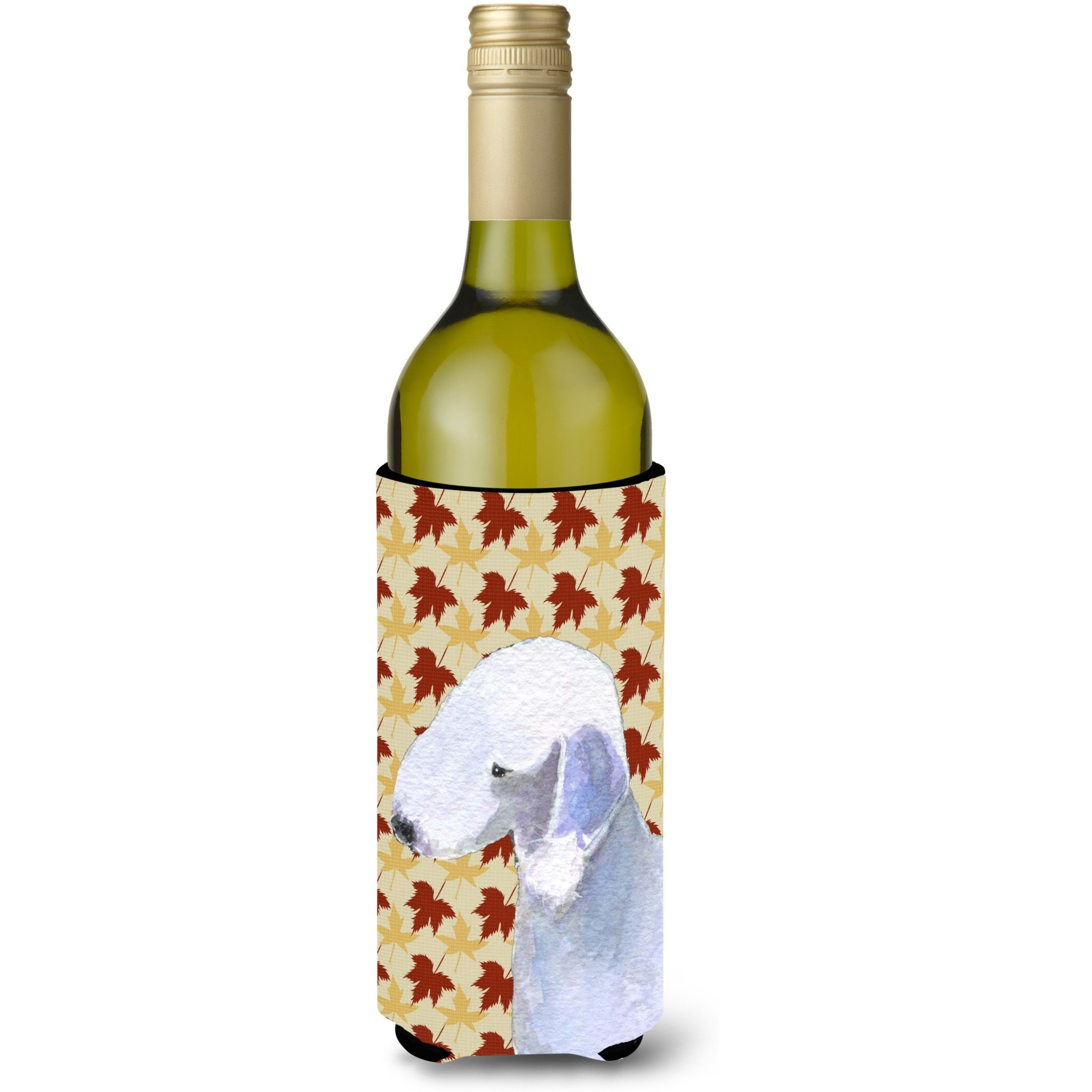 Bedlington Terrier Fall Leaves Portrait Wine Bottle Beverage Insulator Beverage Insulator Hugger