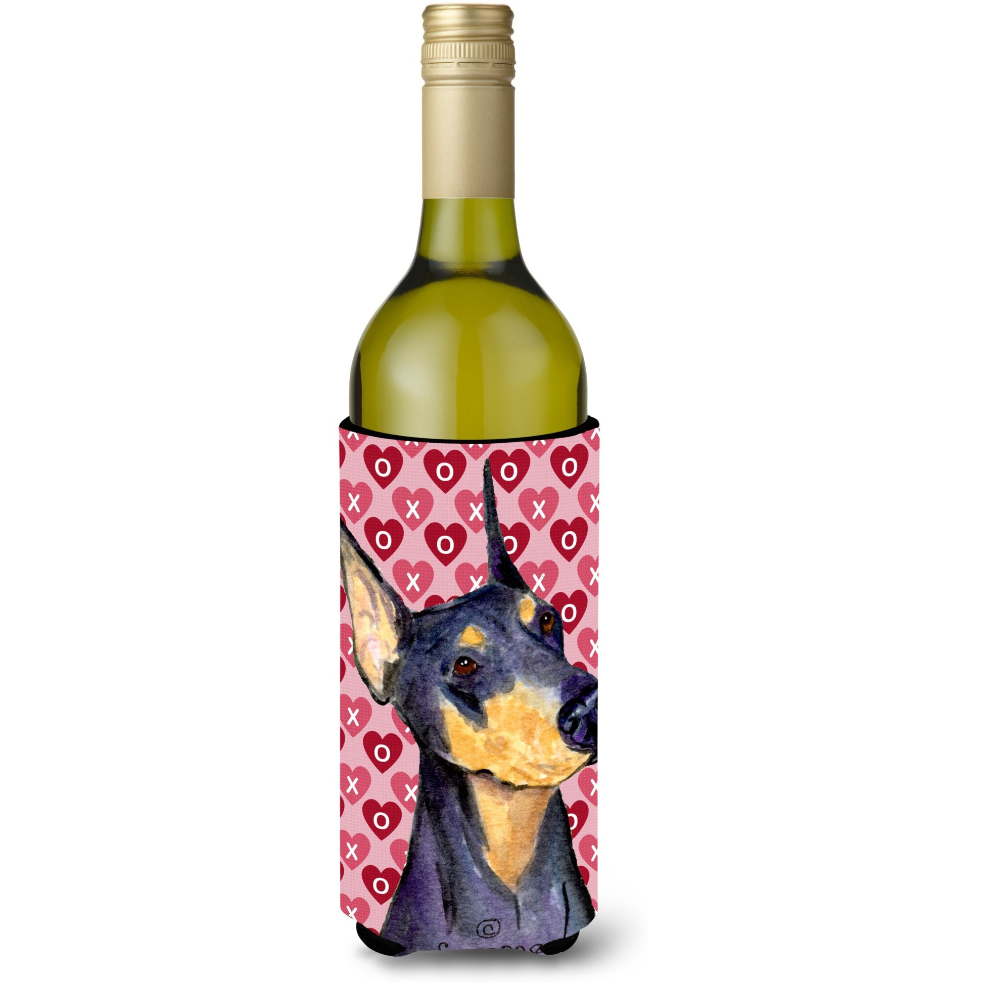 Doberman Hearts Love and Valentine's Day Portrait Wine Bottle Beverage Insulator Beverage Insulator Hugger