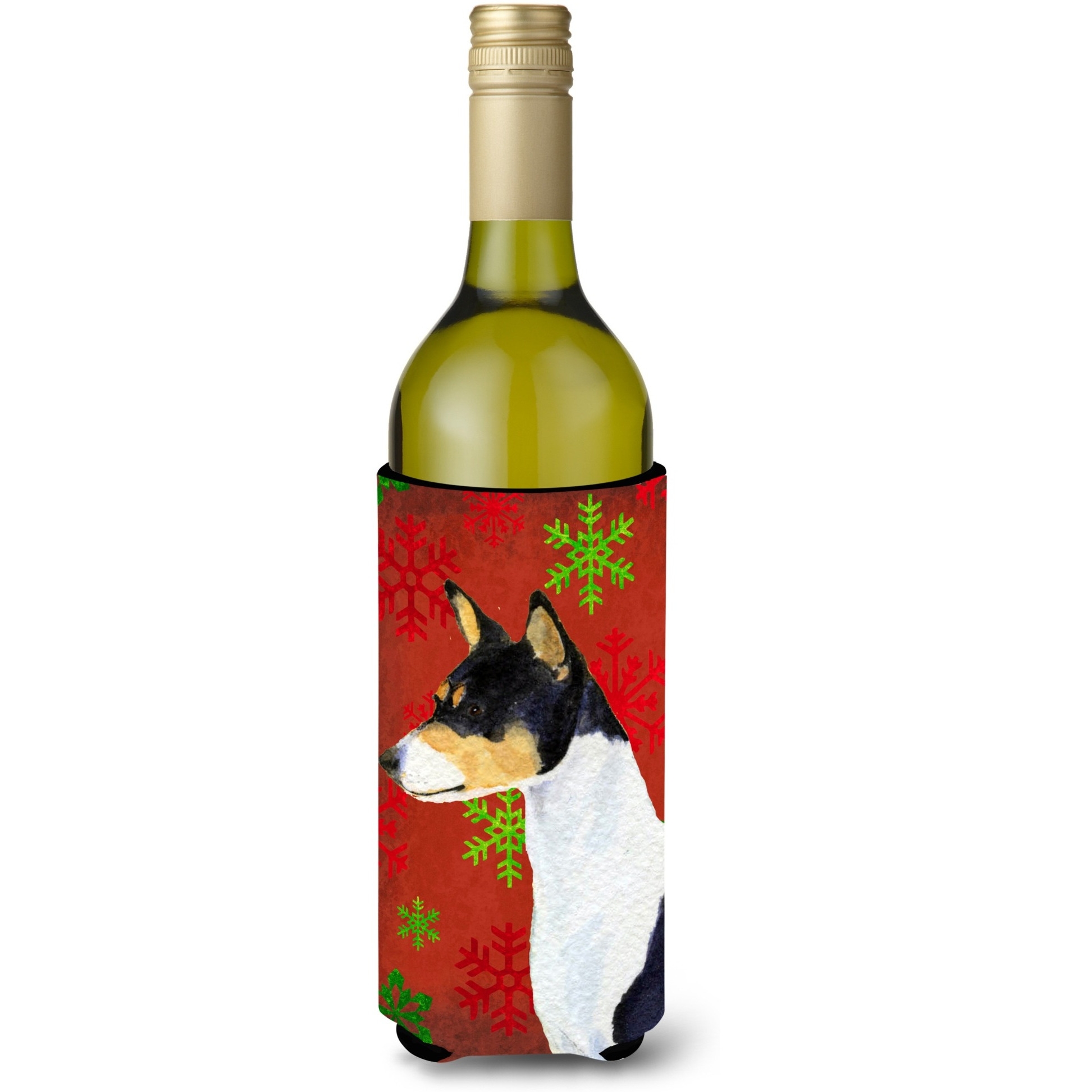 Basenji Red and Green Snowflakes Holiday Christmas Wine Bottle Beverage Insulator