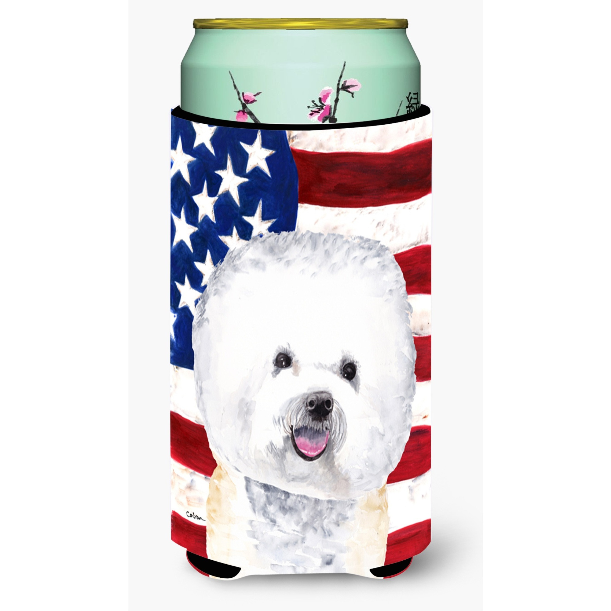 USA American Flag with Bichon Frise  Tall Boy Beverage Insulator Beverage Insulator Hugger