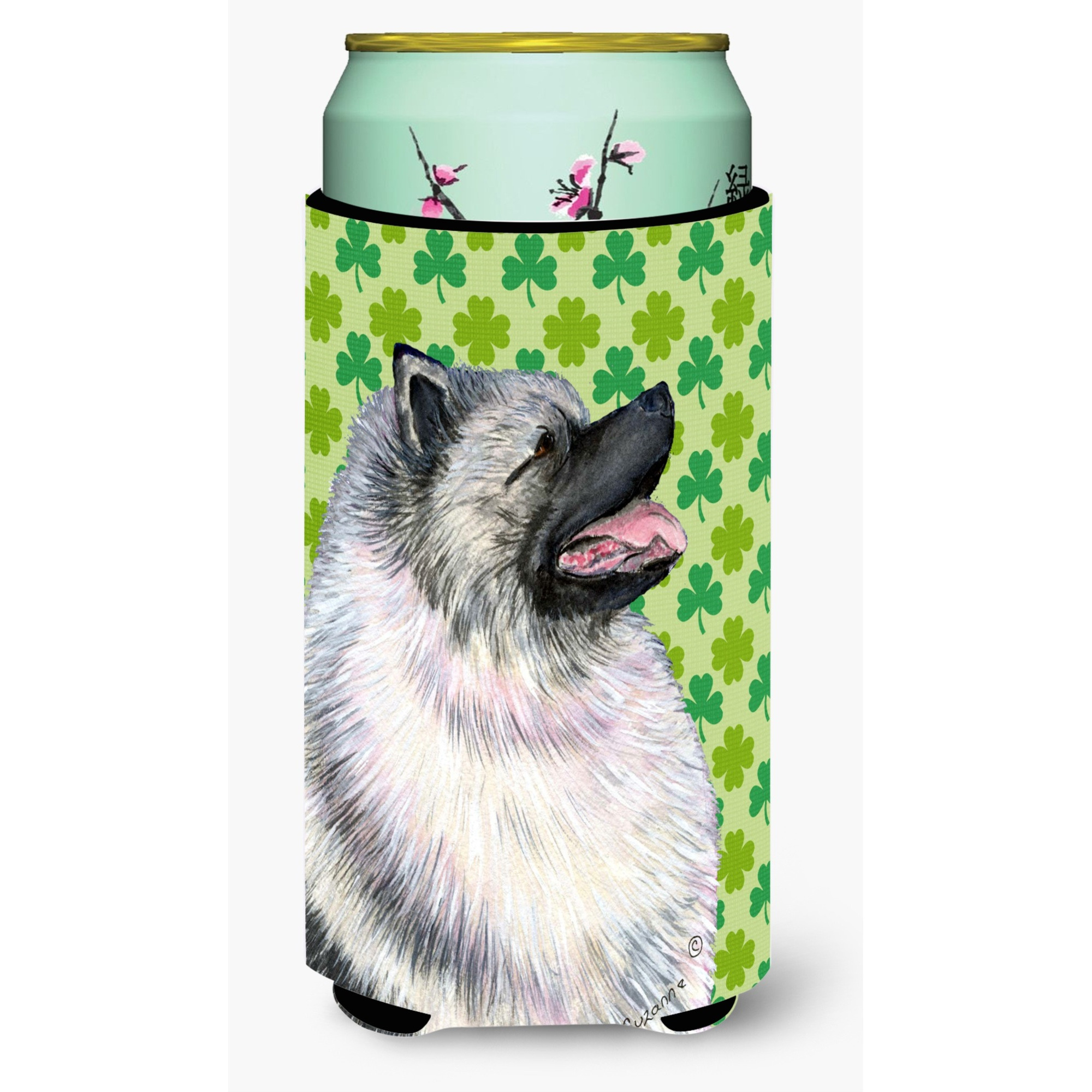 Keeshond St. Patrick's Day Shamrock Portrait  Tall Boy Beverage Insulator Beverage Insulator Hugger