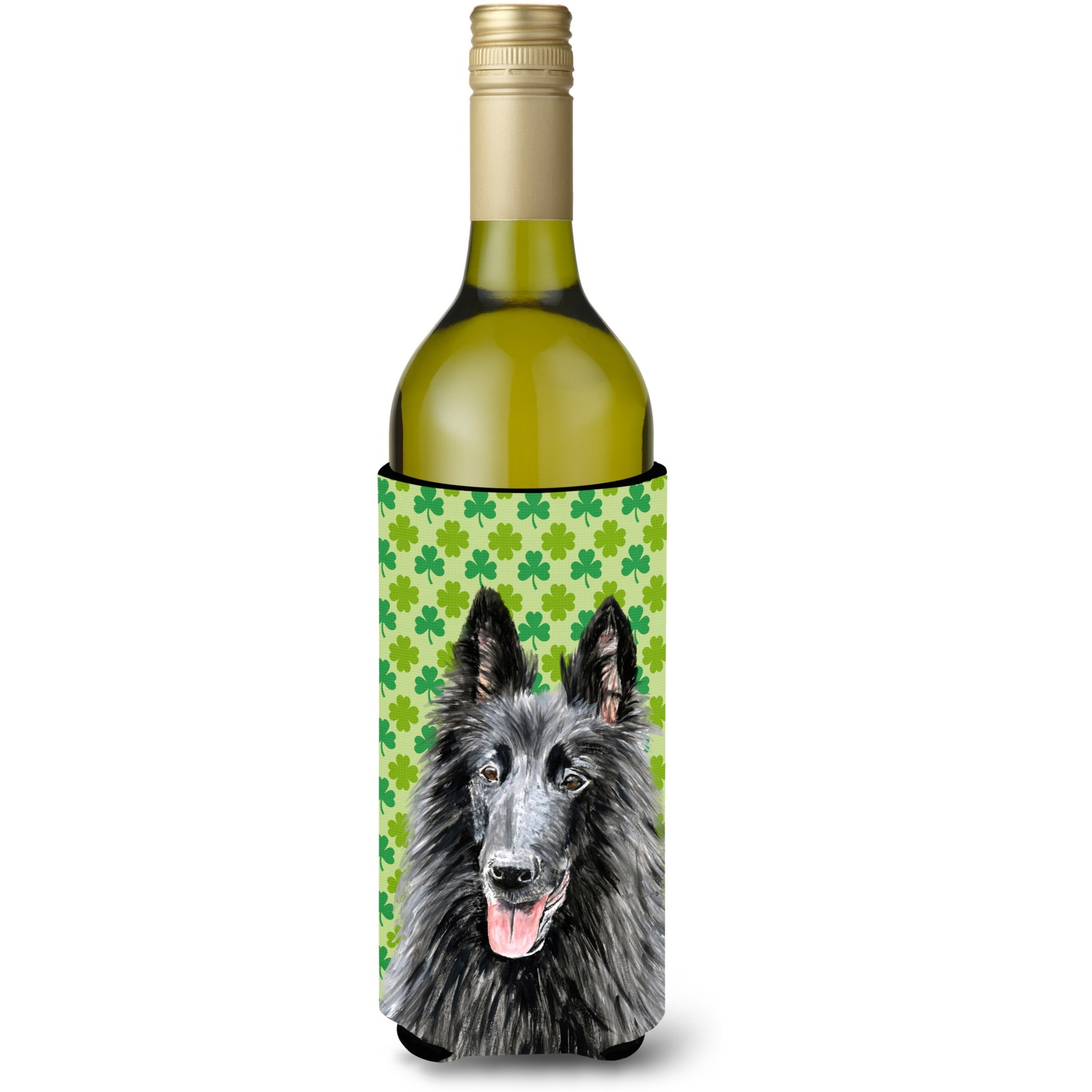 Belgian Sheepdog St. Patrick's Day Shamrock Portrait Wine Bottle Beverage Insulator Beverage Insulator Hugger