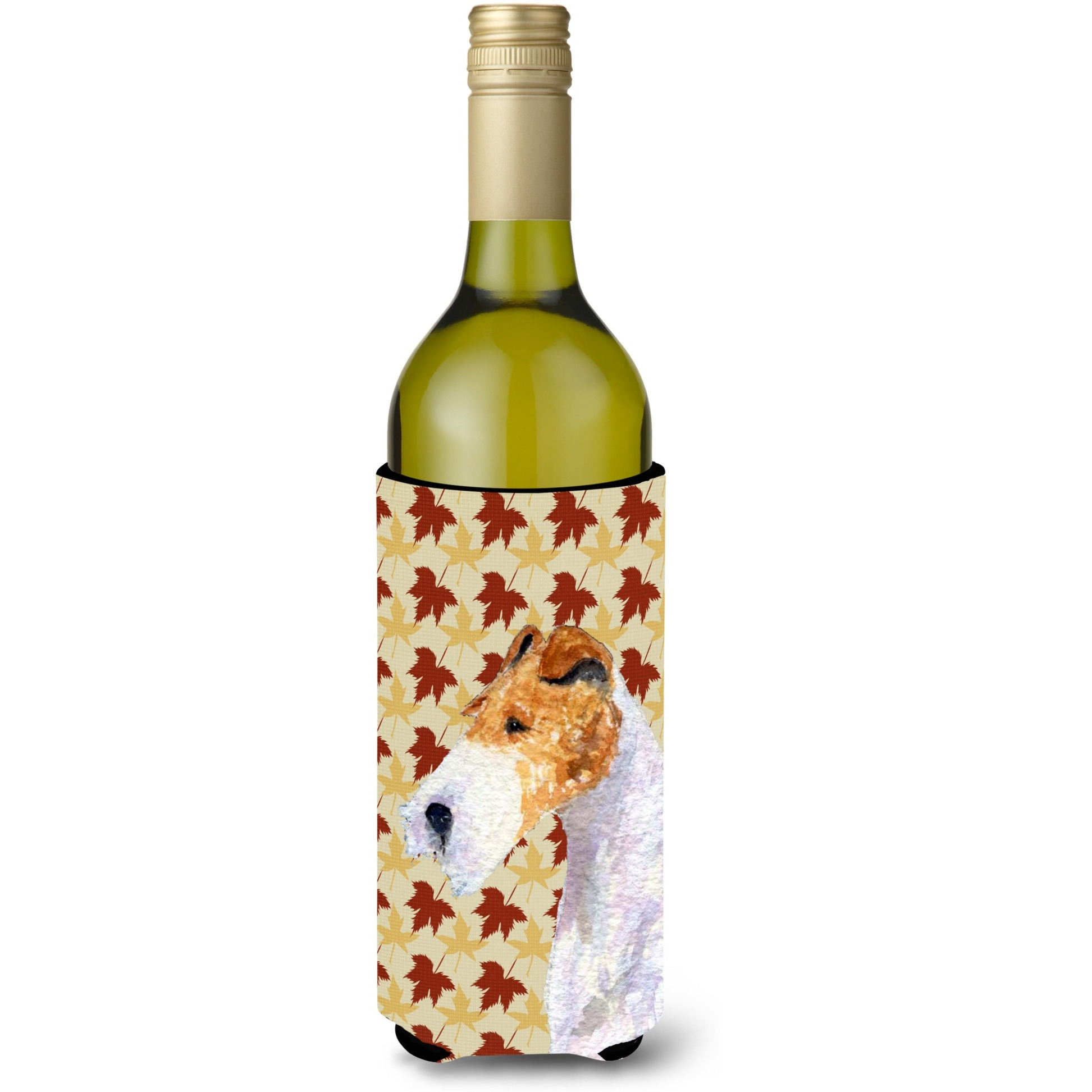 Fox Terrier Fall Leaves Portrait Wine Bottle Beverage Insulator Beverage Insulator Hugger