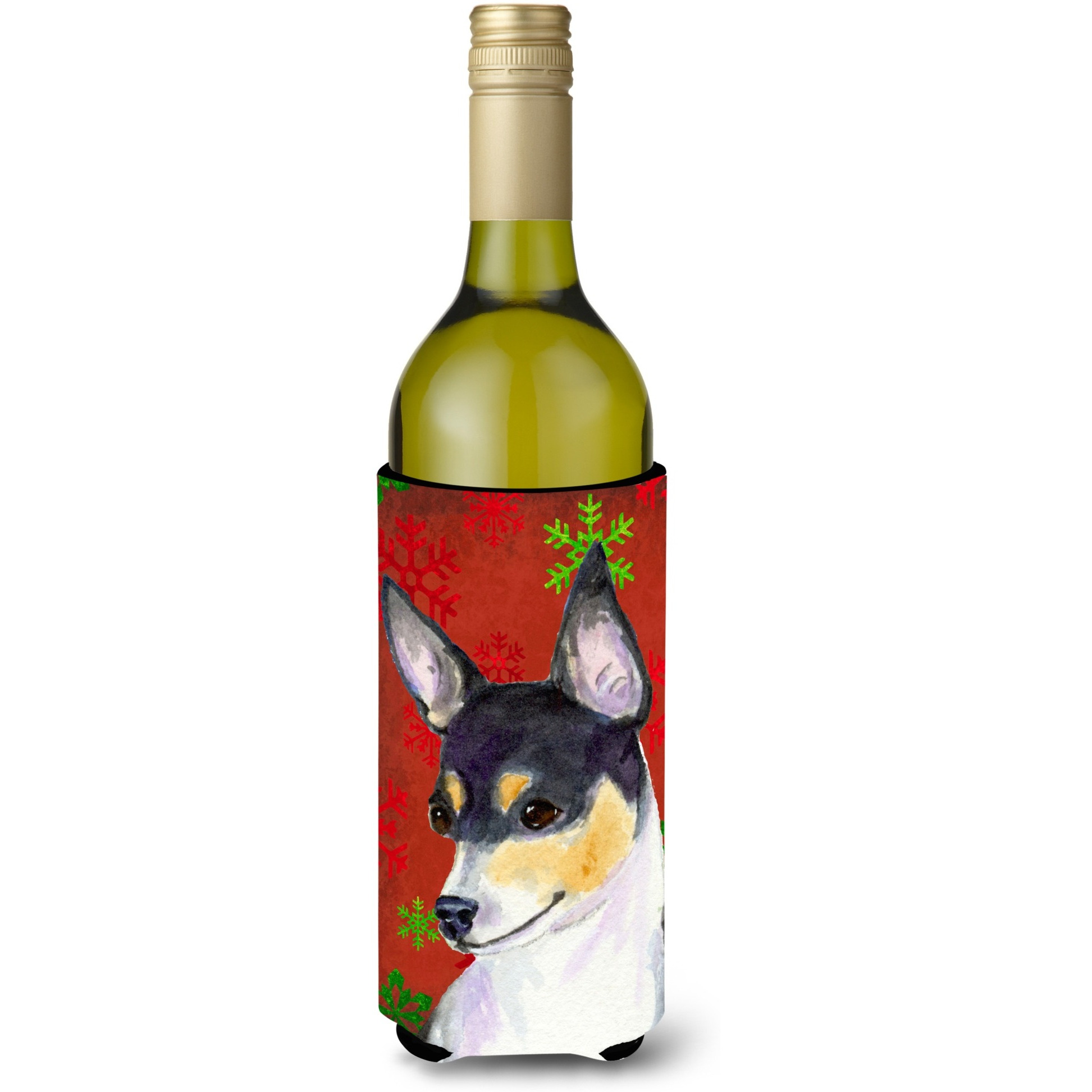 Chihuahua Red and Green Snowflakes Holiday Christmas Wine Bottle Beverage Insulator