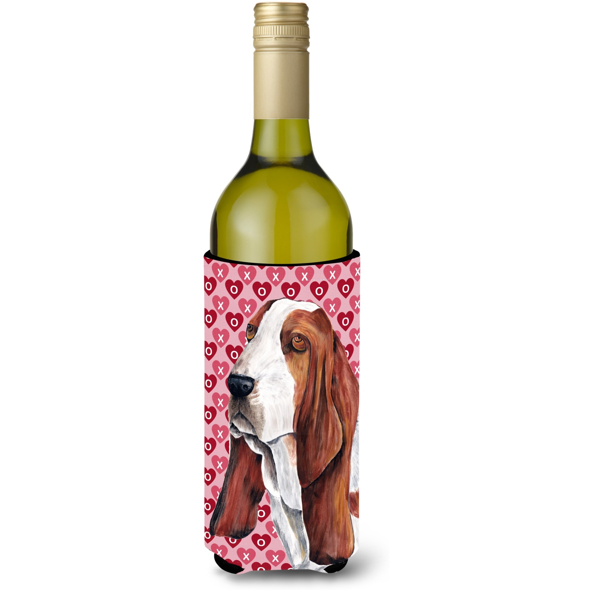 Basset Hound Hearts Valentine's Day Portrait Wine Bottle Beverage Insulator Beverage Insulator Hugger