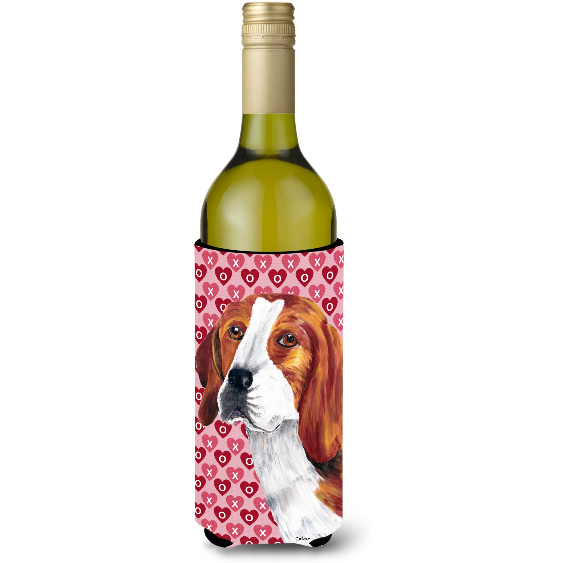 Beagle Hearts Love and Valentine's Day Portrait Wine Bottle Beverage Insulator Beverage Insulator Hugger