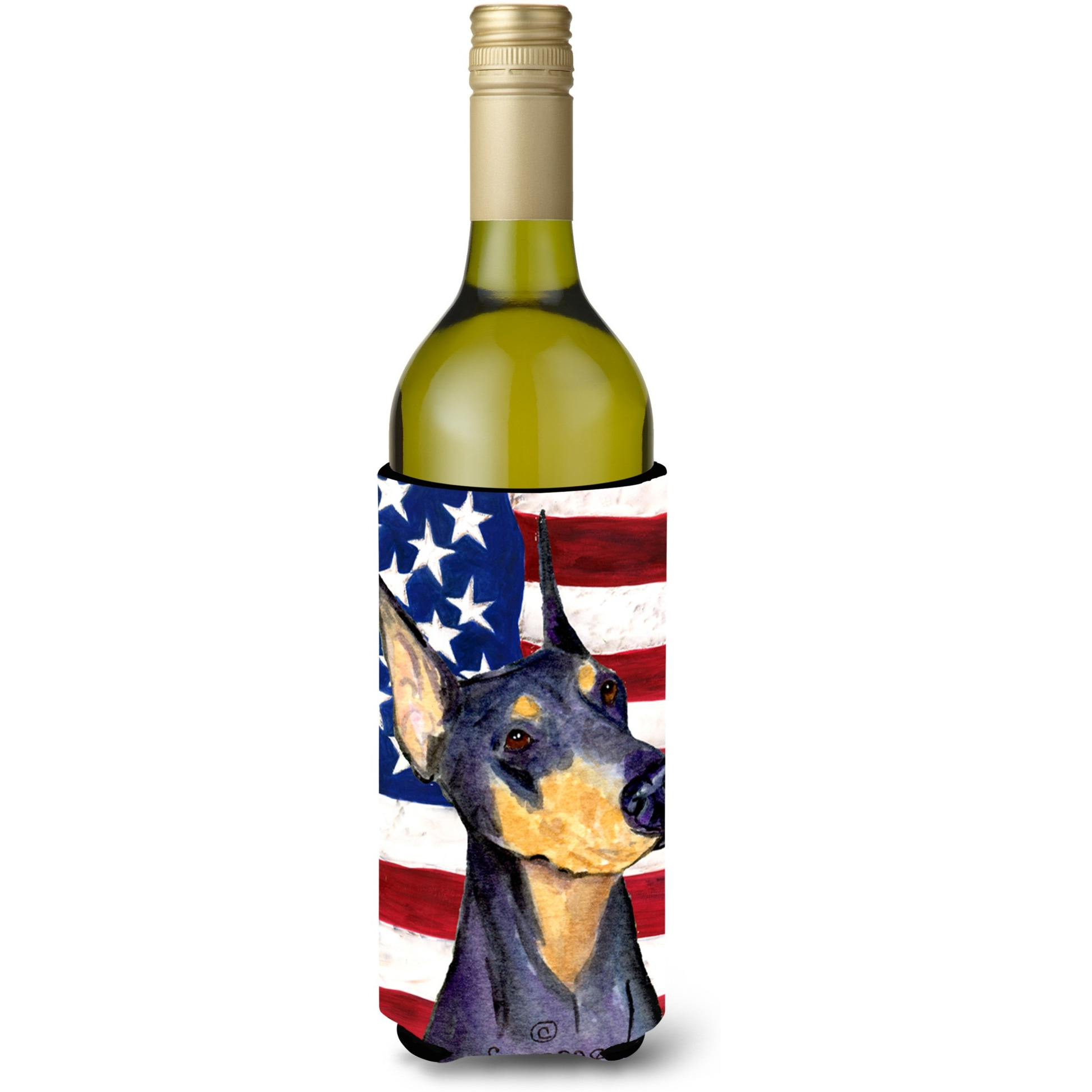 USA American Flag with Doberman Wine Bottle Beverage Insulator Beverage Insulator Hugger SS4022LITERK