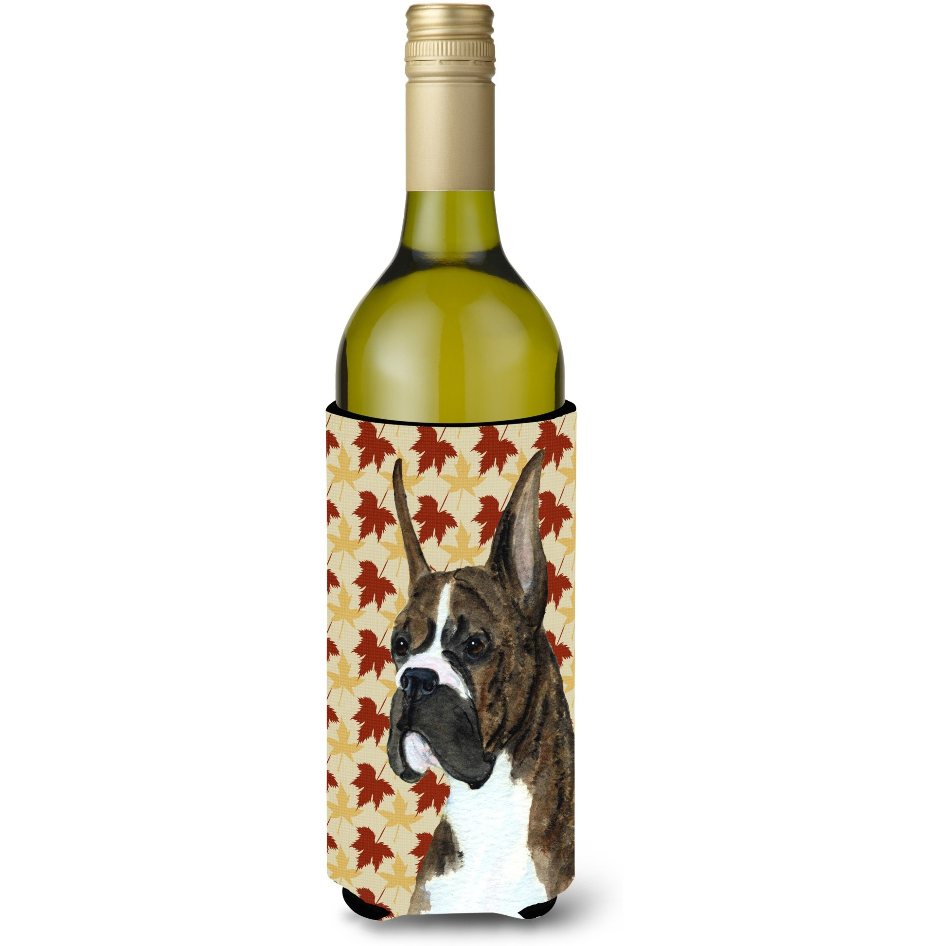 Boxer Brindle Fall Leaves Portrait Wine Bottle Beverage Insulator Beverage Insulator Hugger