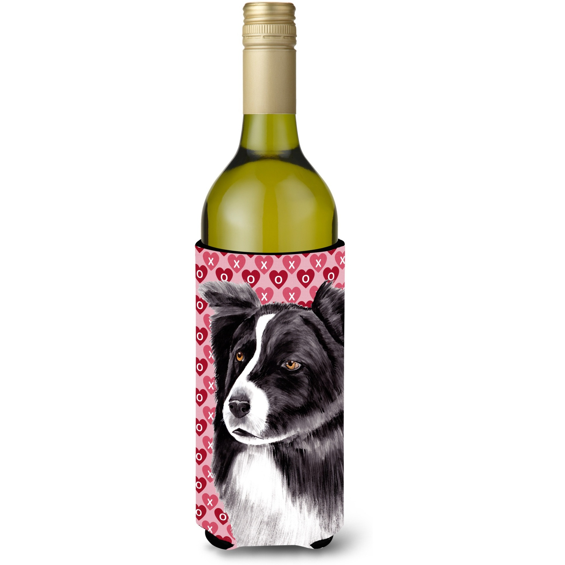 Border Collie Hearts Love  Valentine's Day Portrait Wine Bottle Beverage Insulator Beverage Insulator Hugger