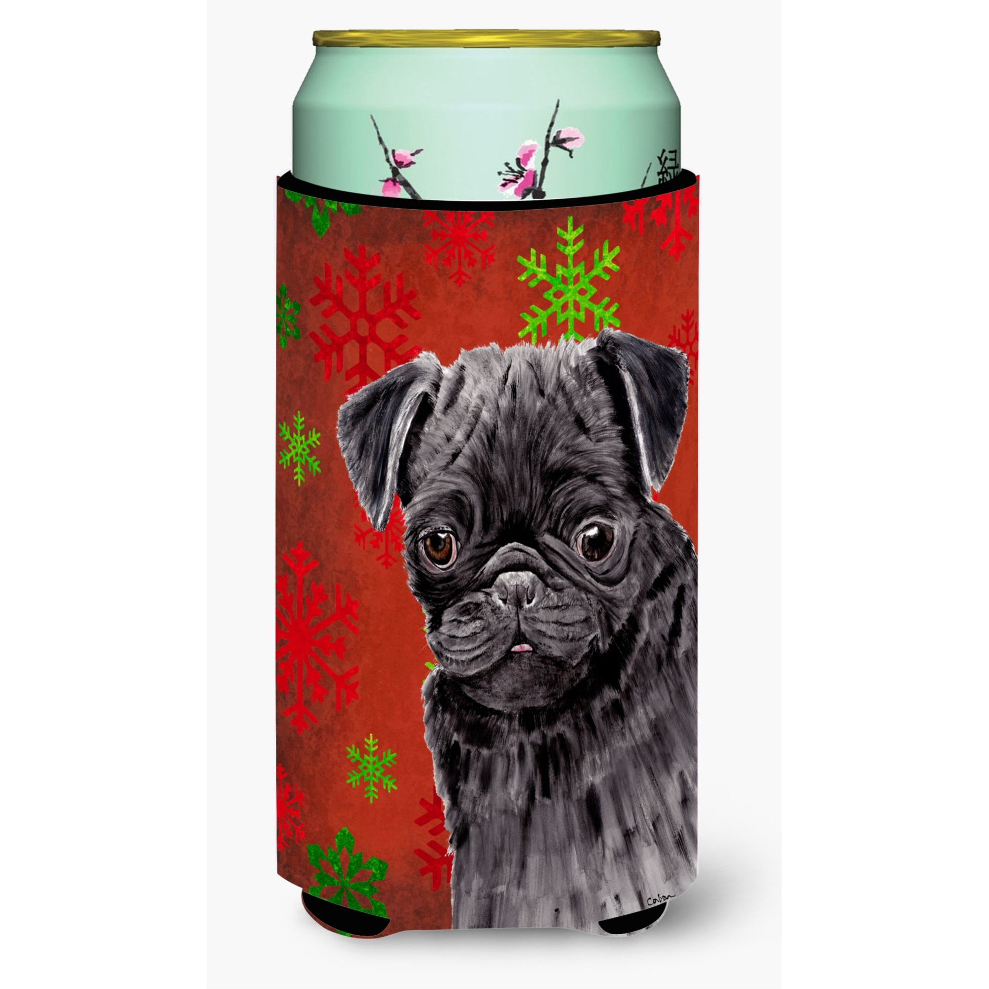 Pug Red and Green Snowflakes Holiday Christmas  Tall Boy Beverage Insulator Beverage Insulator Hugger