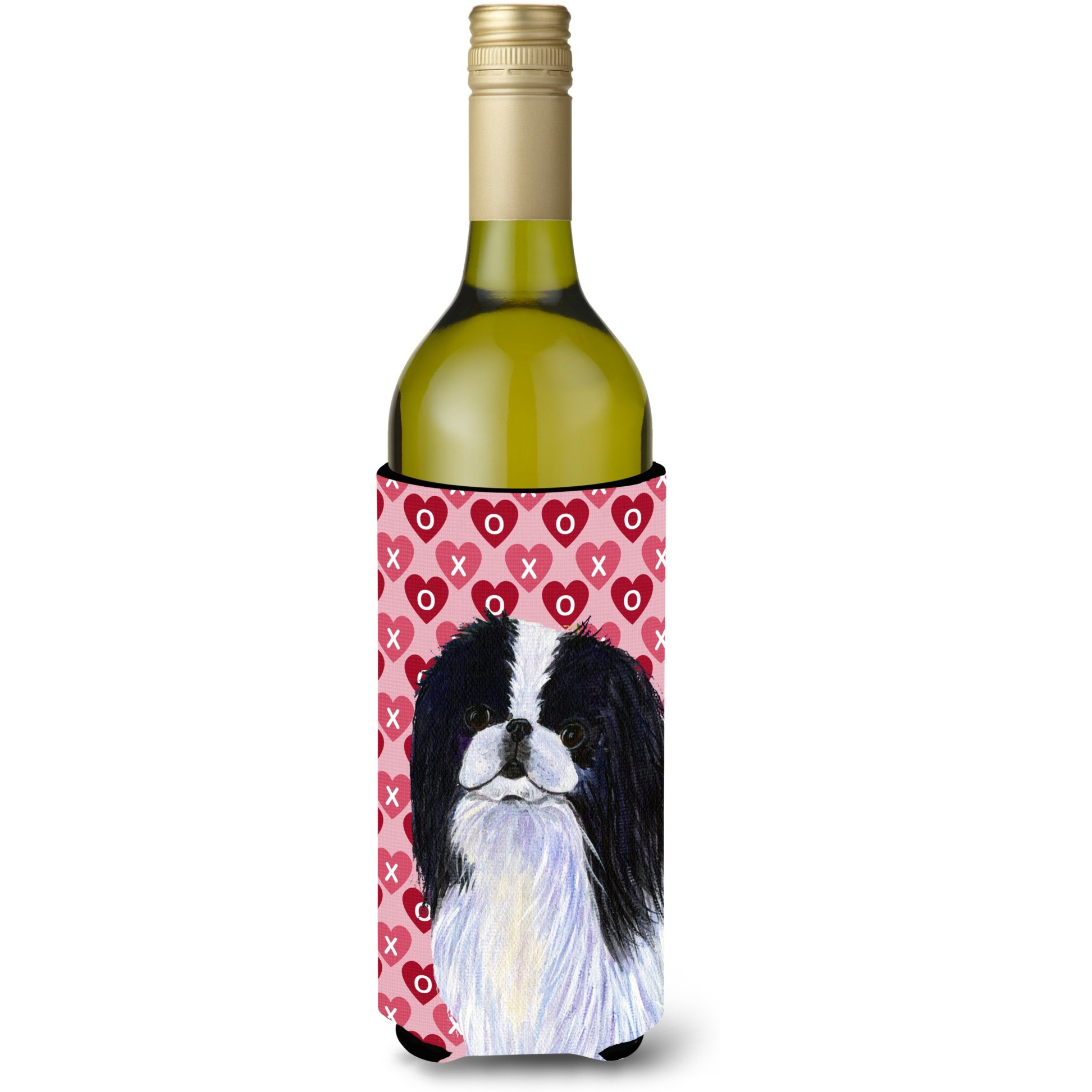 Japanese Chin Hearts Love Valentine's Day Portrait Wine Bottle Beverage Insulator Beverage Insulator Hugger