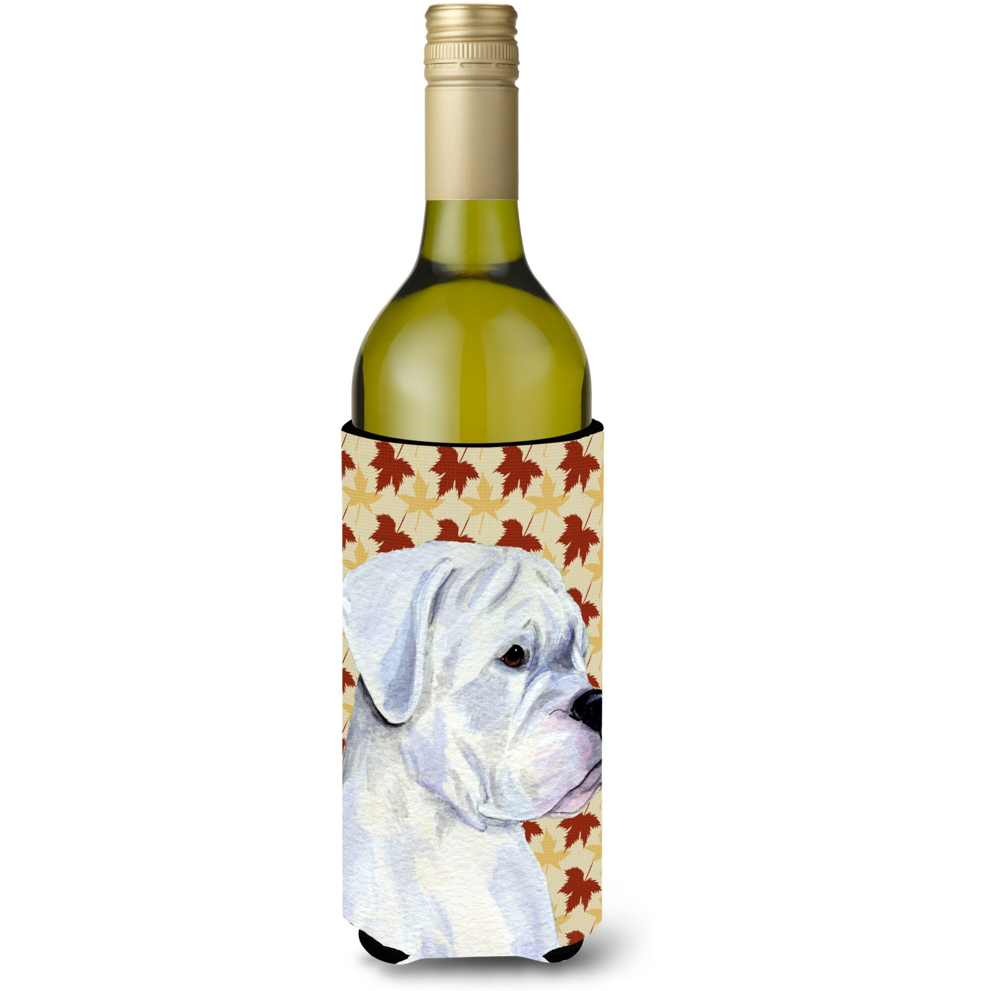 Boxer White Fall Leaves Portrait Wine Bottle Beverage Insulator Beverage Insulator Hugger