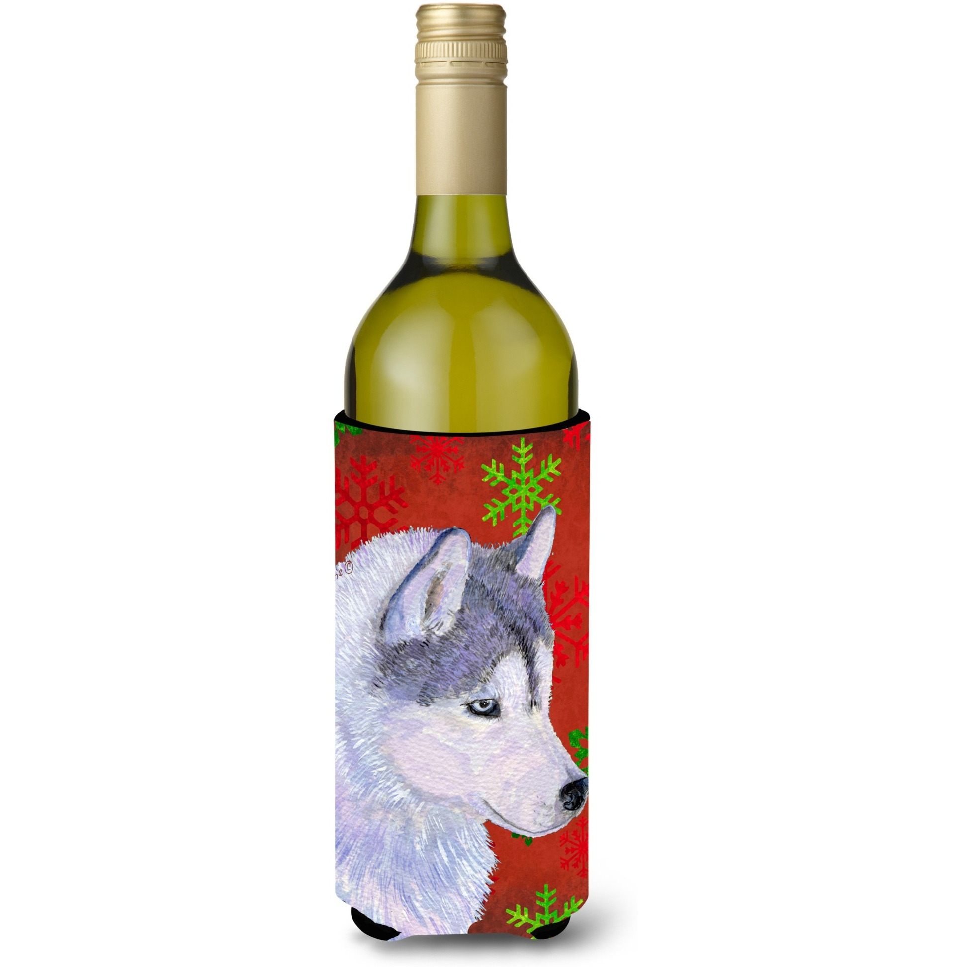 Siberian Husky Red Green Snowflake Holiday Christmas Wine Bottle Beverage Insulator Beverage Insulator Hugger