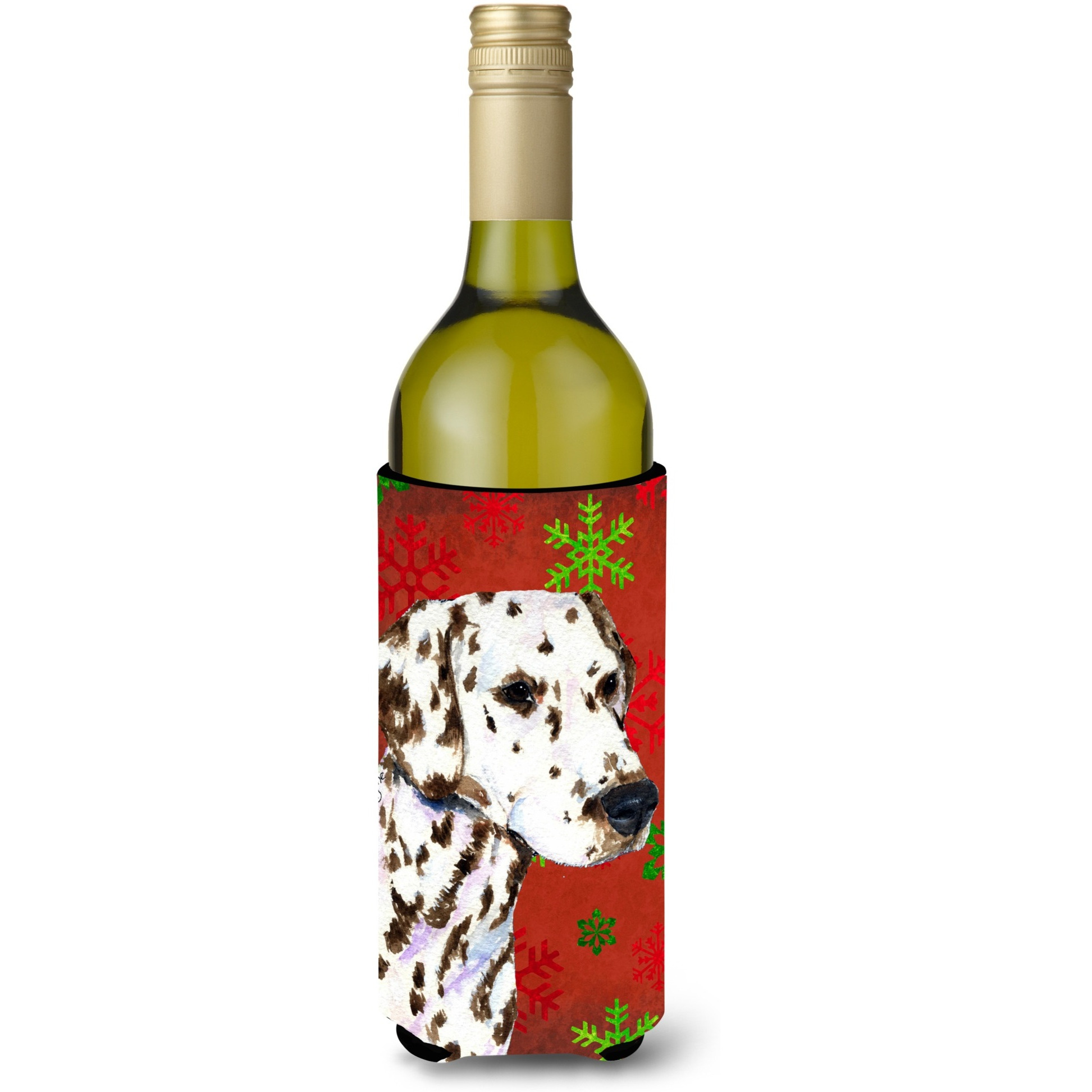 Dalmatian Red and Green Snowflakes Holiday Christmas Wine Bottle Beverage Insulator Beverage Insulator Hugger