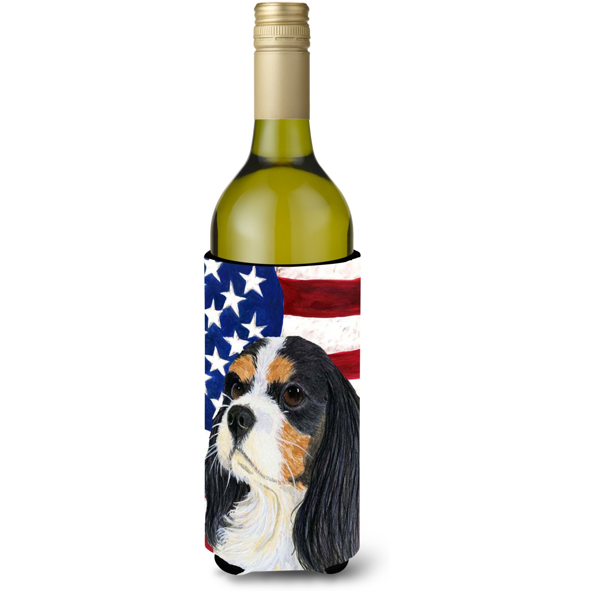 USA American Flag with Cavalier Spaniel Wine Bottle Beverage Insulator Beverage Insulator Hugger SS4248LITERK