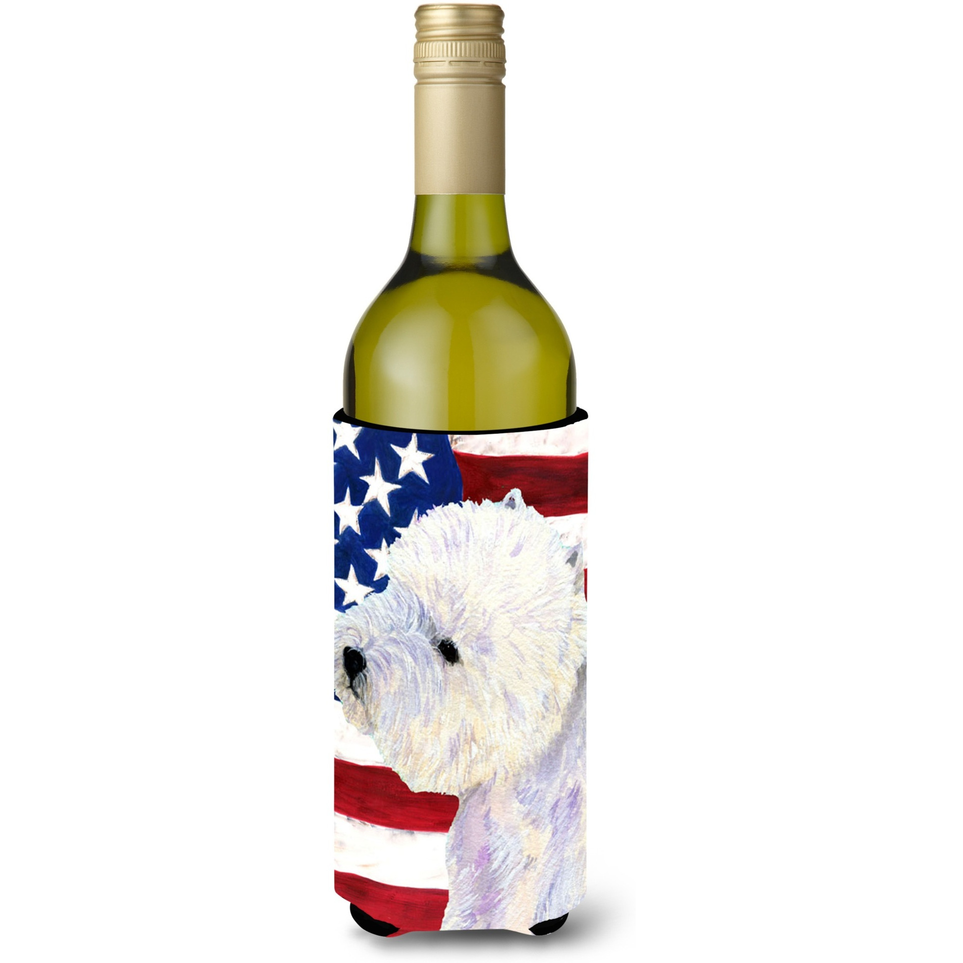 USA American Flag with Westie Wine Bottle Beverage Insulator Beverage Insulator Hugger SS4249LITERK