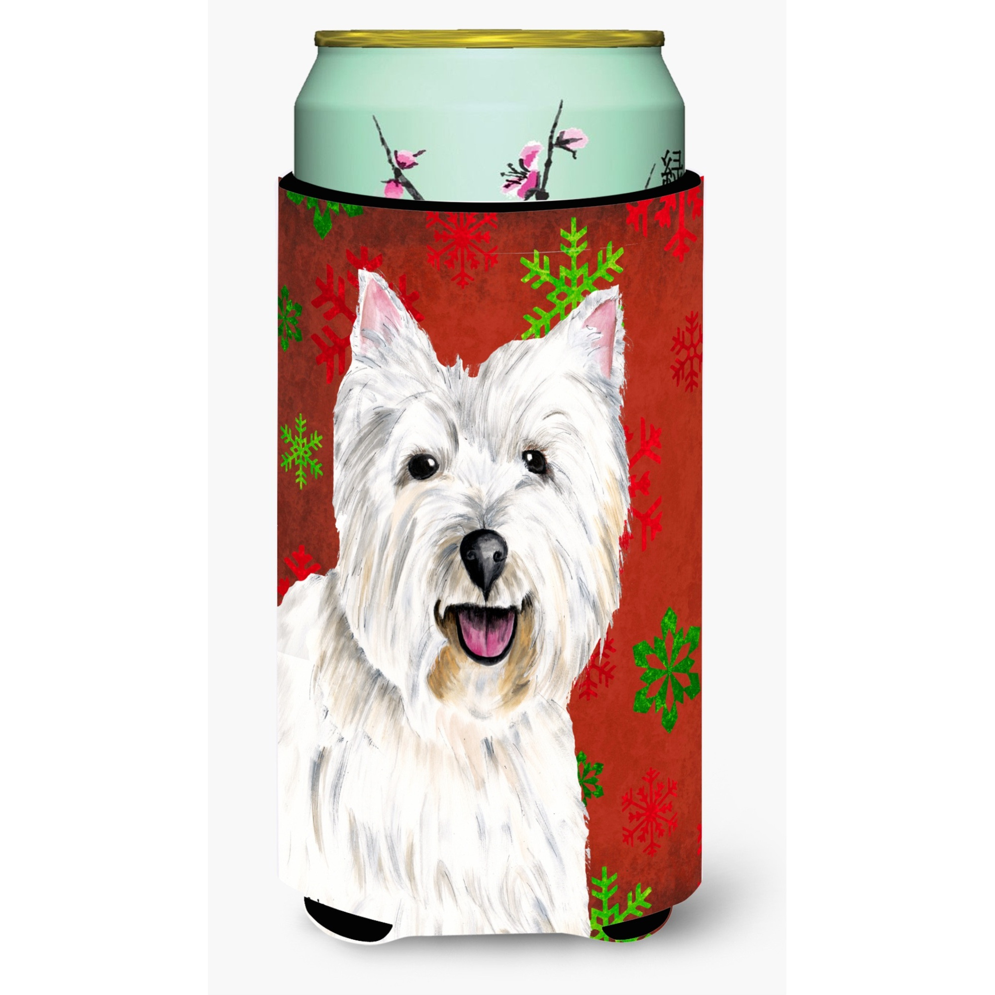 Westie Red and Green Snowflakes Holiday Christmas  Tall Boy Beverage Insulator Beverage Insulator Hugger