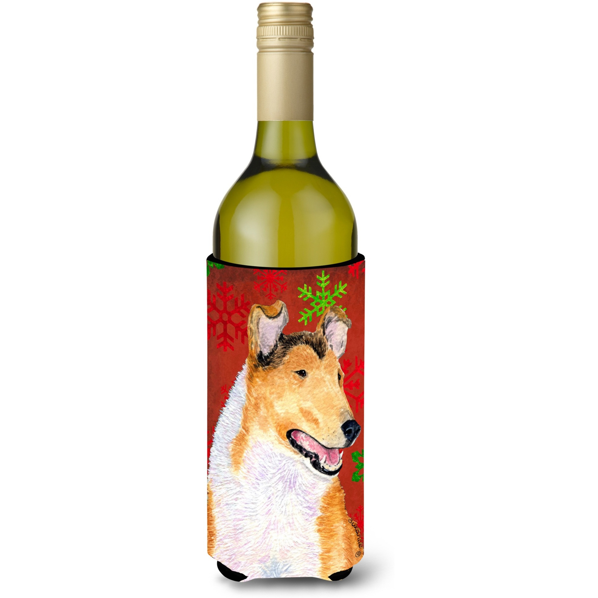 Collie Smooth Red Green Snowflakes Christmas Wine Bottle Beverage Insulator Beverage Insulator Hugger