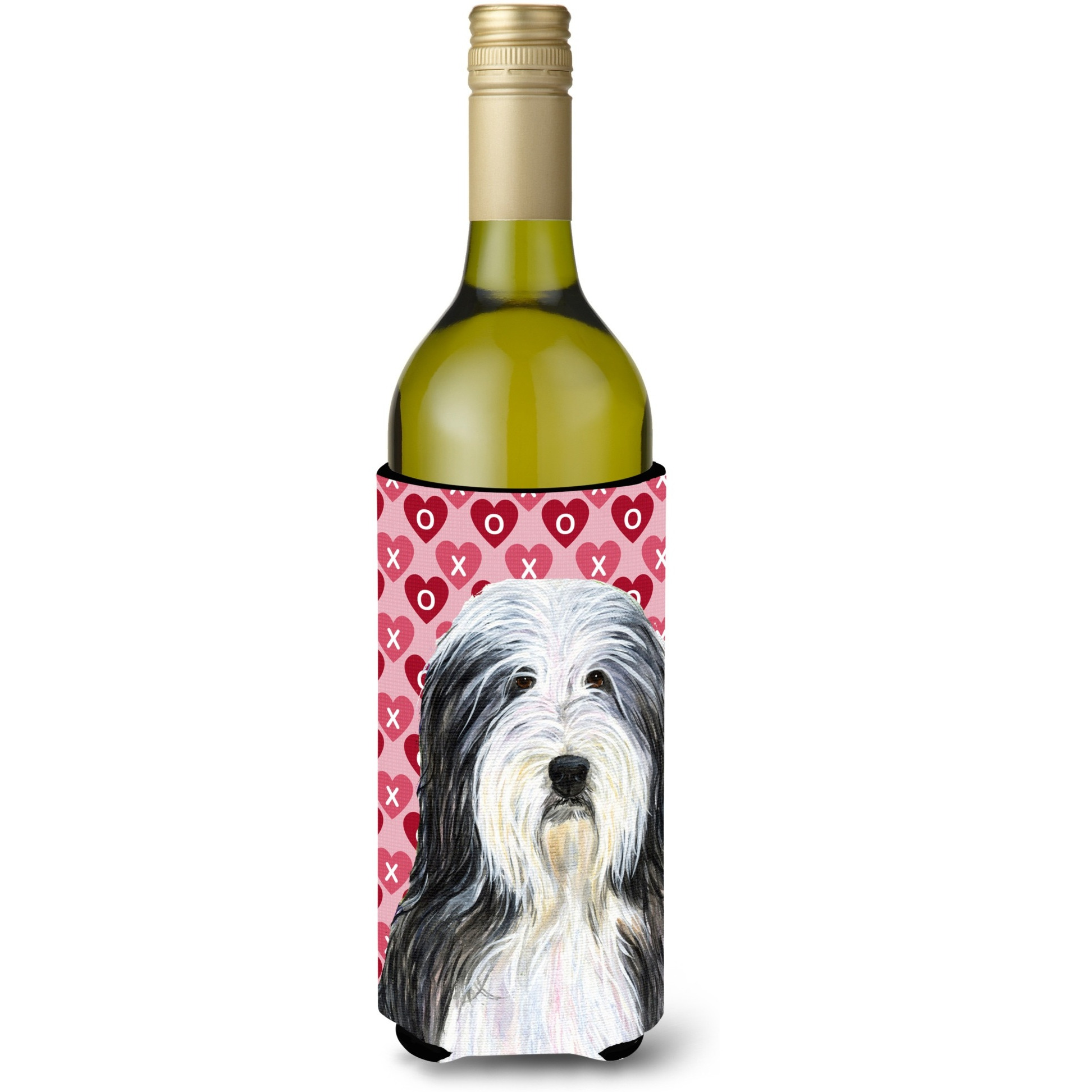 Bearded Collie Hearts Love  Valentine's Day Portrait Wine Bottle Beverage Insulator Beverage Insulator Hugger