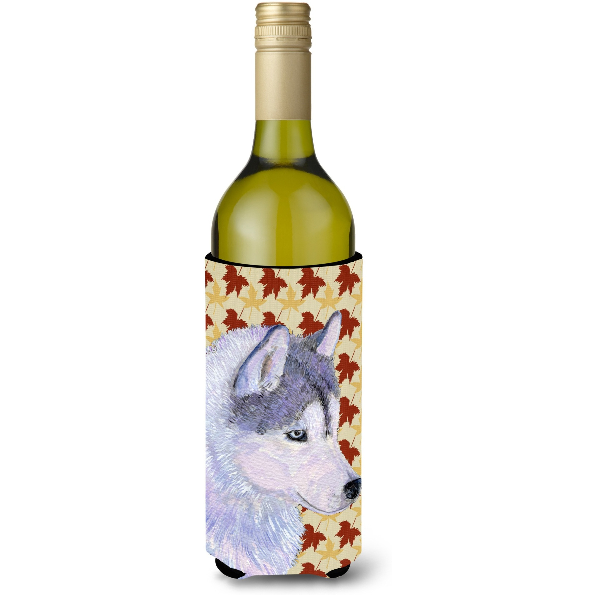 Siberian Husky Fall Leaves Portrait Wine Bottle Beverage Insulator Beverage Insulator Hugger