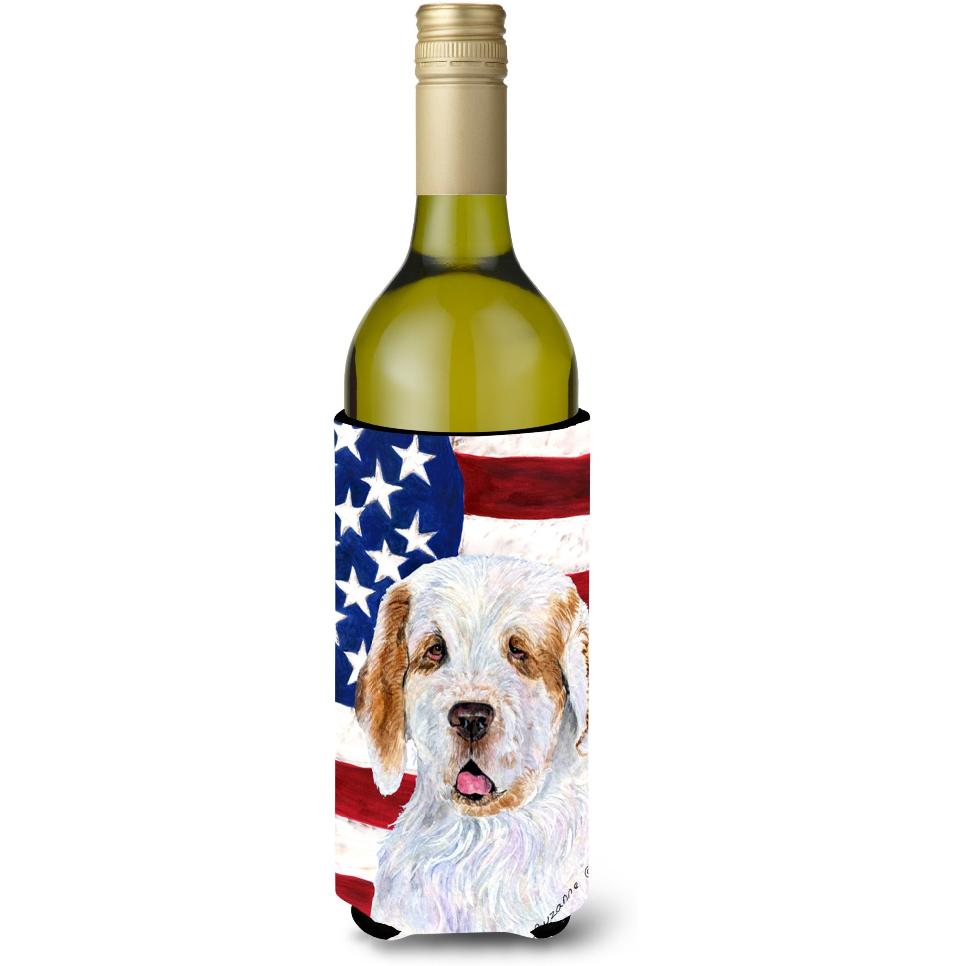 USA American Flag with Clumber Spaniel Wine Bottle Beverage Insulator Beverage Insulator Hugger
