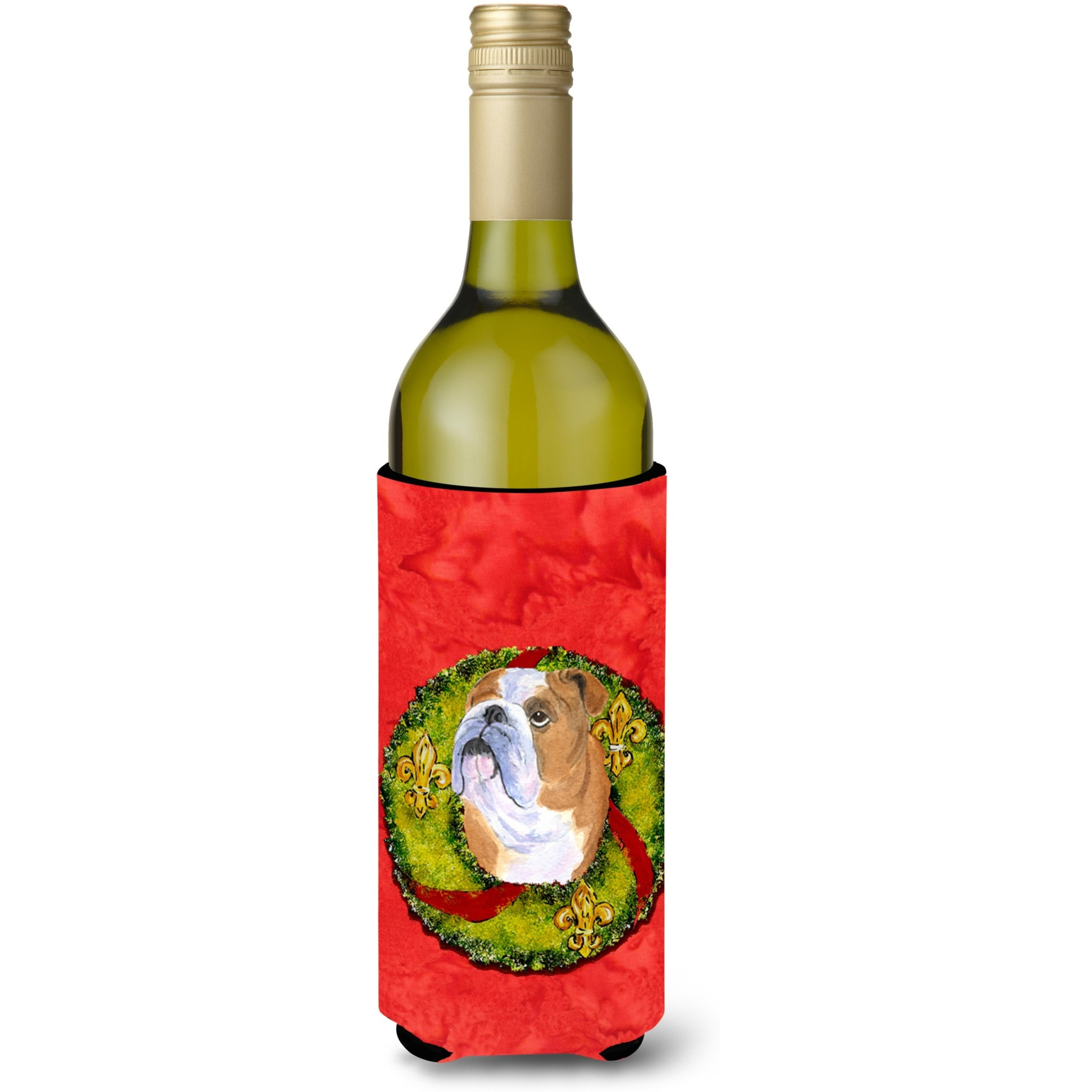 Bulldog English Cristmas Wreath Wine Bottle Beverage Insulator Beverage Insulator Hugger SS4181LITERK