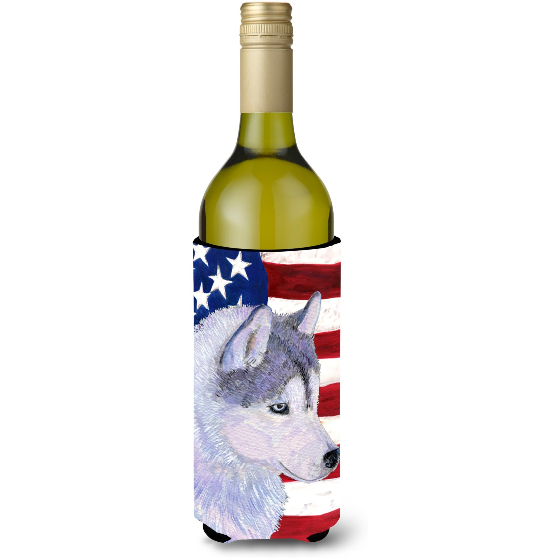 USA American Flag with Siberian Husky Wine Bottle Beverage Insulator Beverage Insulator Hugger