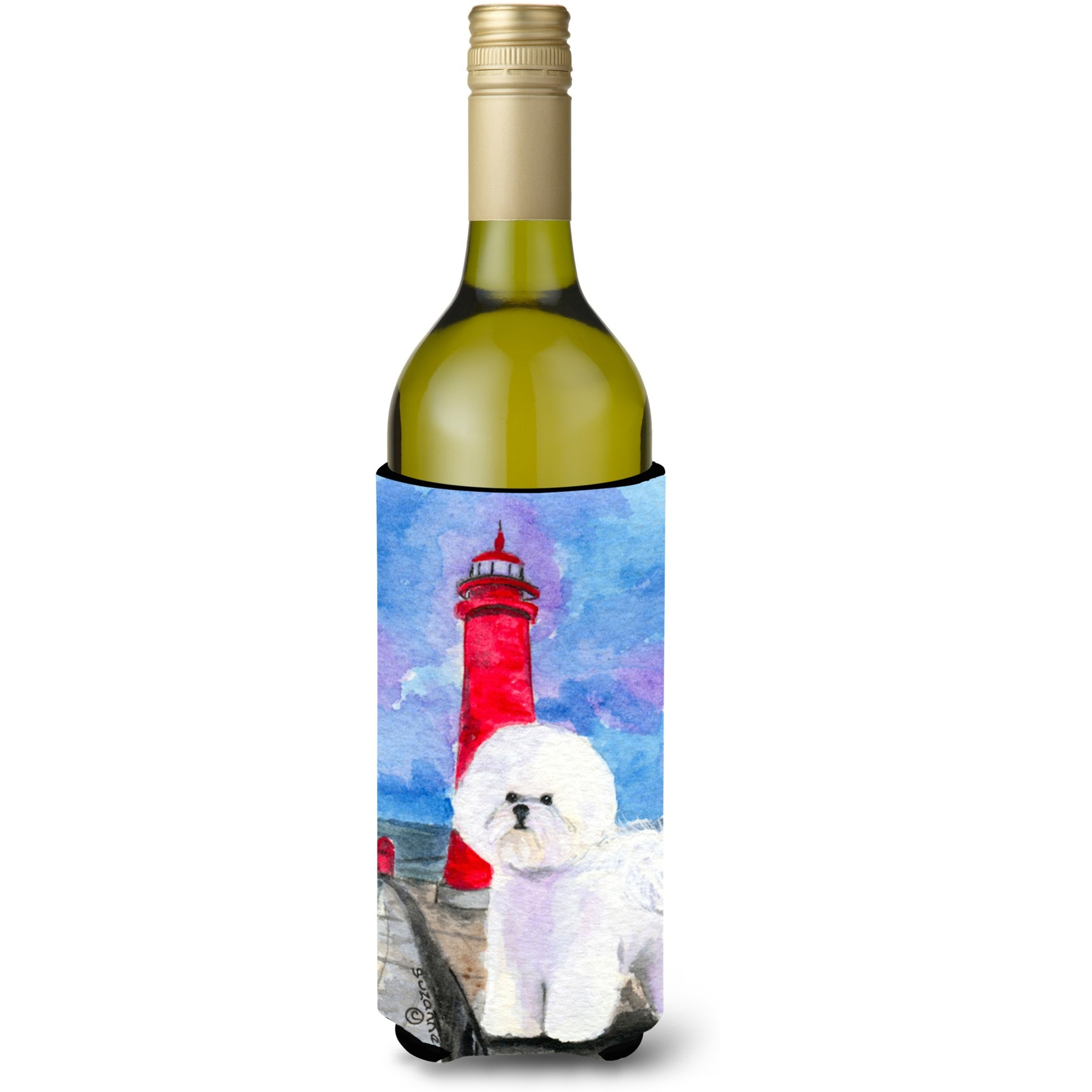 Lighthouse with Bichon Frise Wine Bottle Beverage Insulator Beverage Insulator Hugger