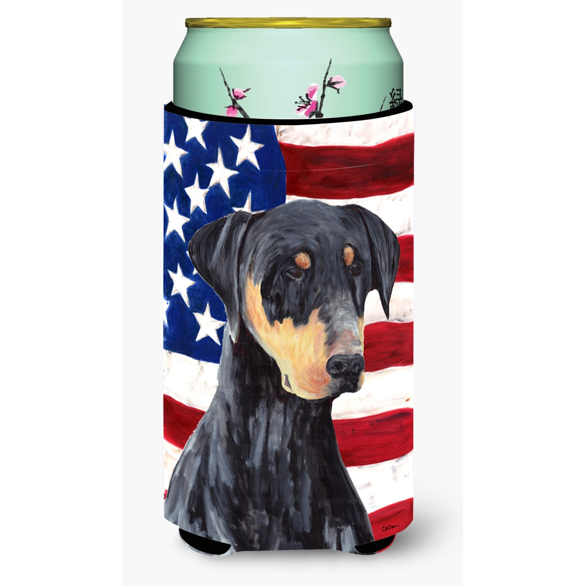 USA American Flag with Doberman  Tall Boy Beverage Insulator Beverage Insulator Hugger