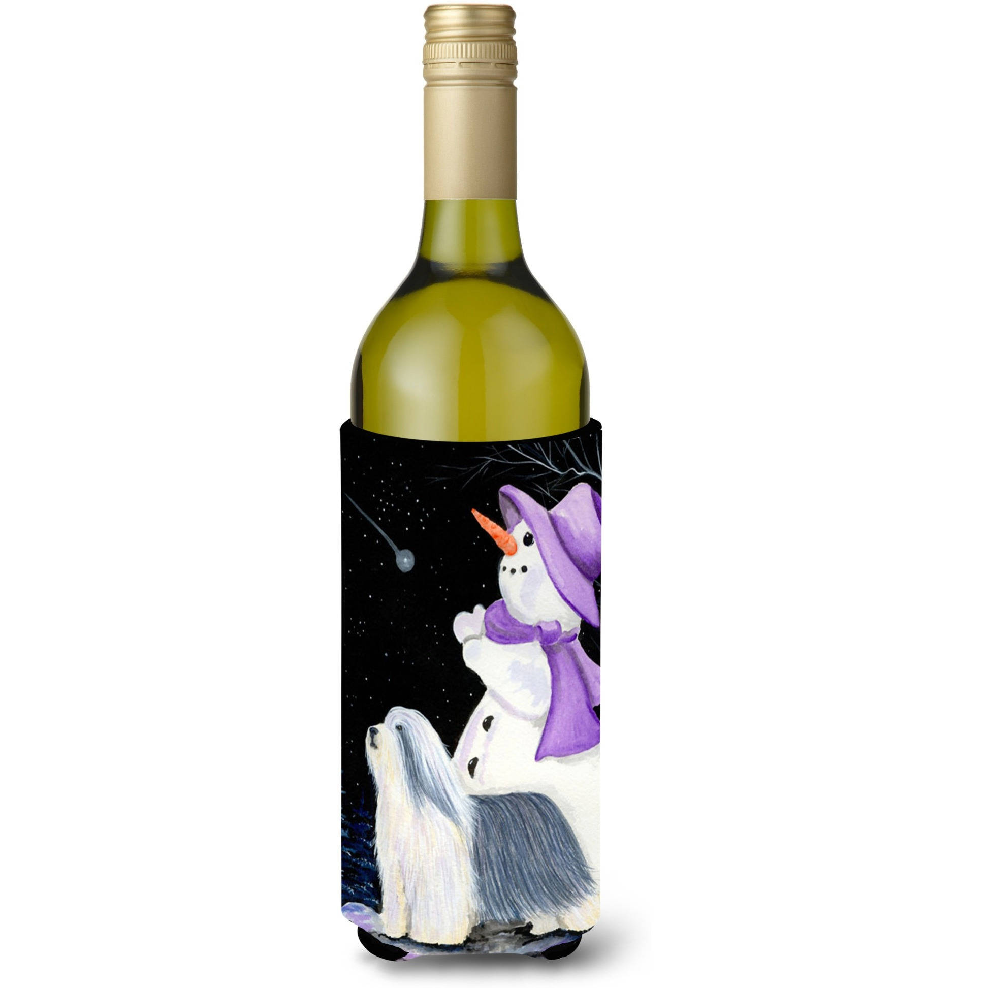 Snowman with Bearded Collie Wine Bottle Beverage Insulator Beverage Insulator Hugger