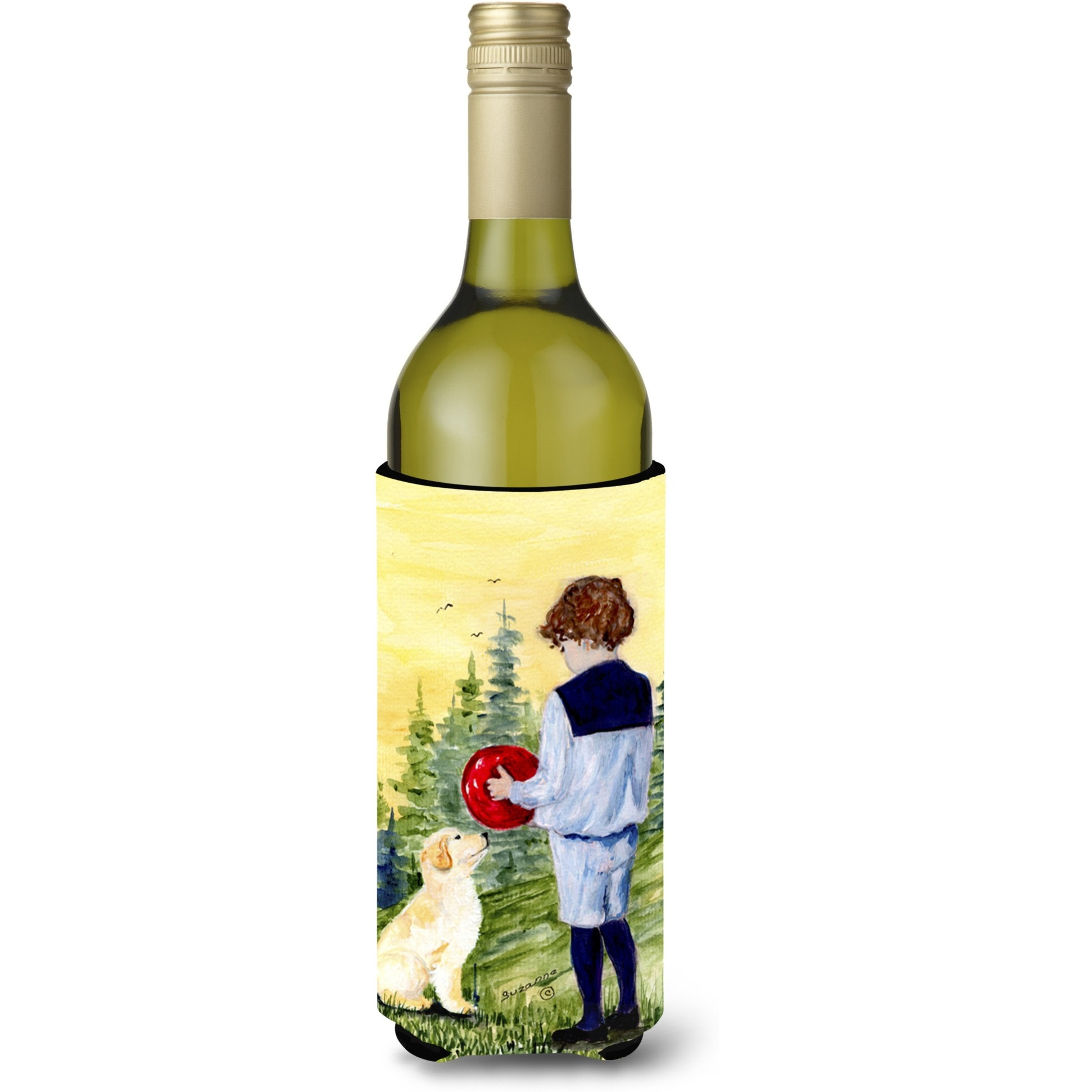 Little Boy with his Golden Retriever Wine Bottle Beverage Insulator Beverage Insulator Hugger
