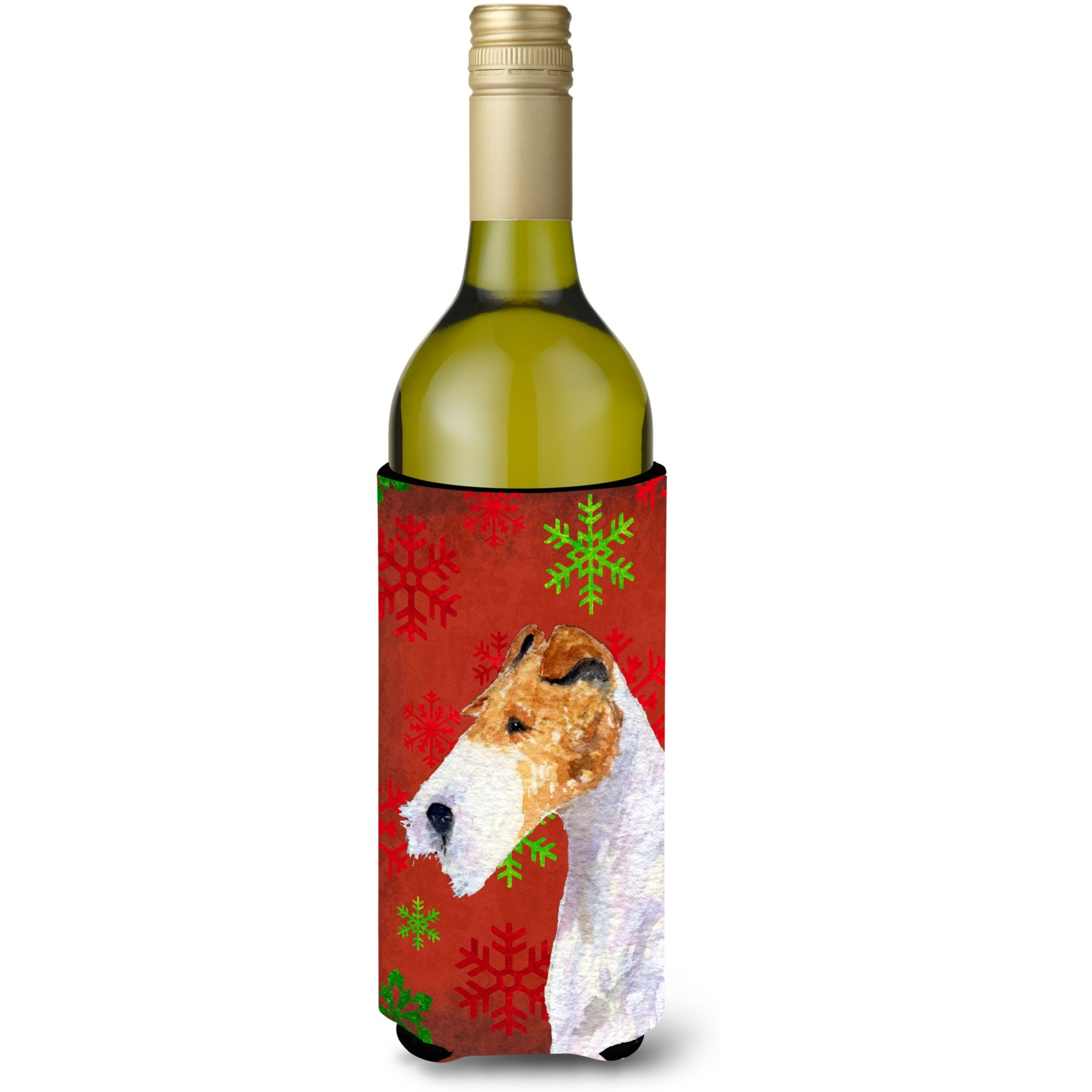 Fox Terrier  Snowflakes Holiday Christmas Wine Bottle Beverage Insulator Beverage Insulator Hugger