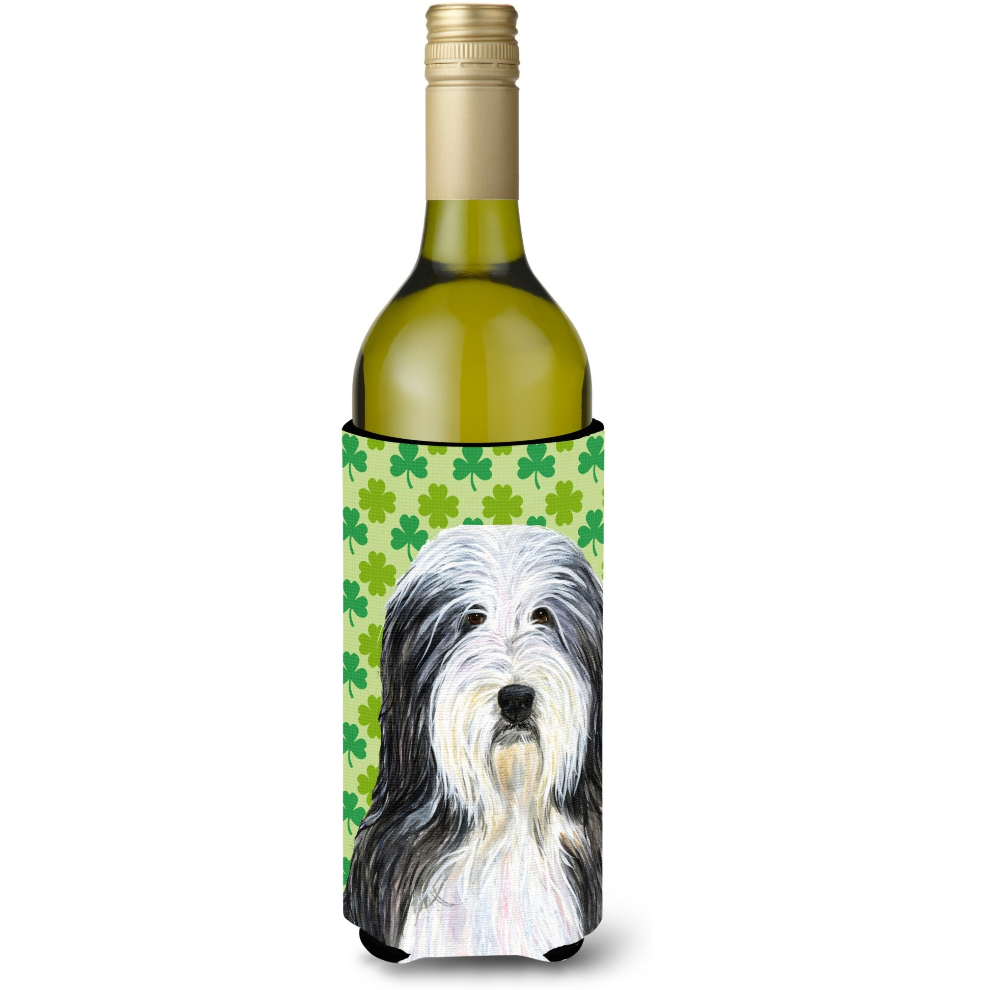 Bearded Collie St. Patrick's Day Shamrock Portrait Wine Bottle Beverage Insulator Beverage Insulator Hugger